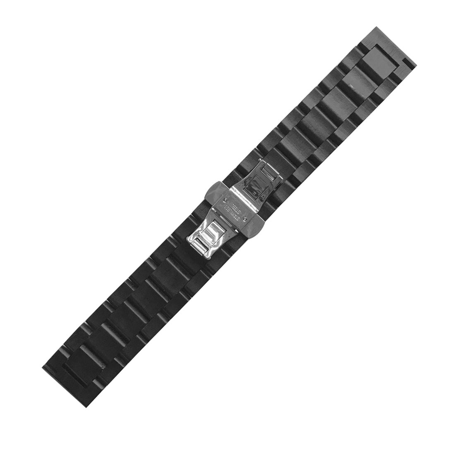 Correa de reloj negra de metal negro. El cierre está abierto y es plateado.