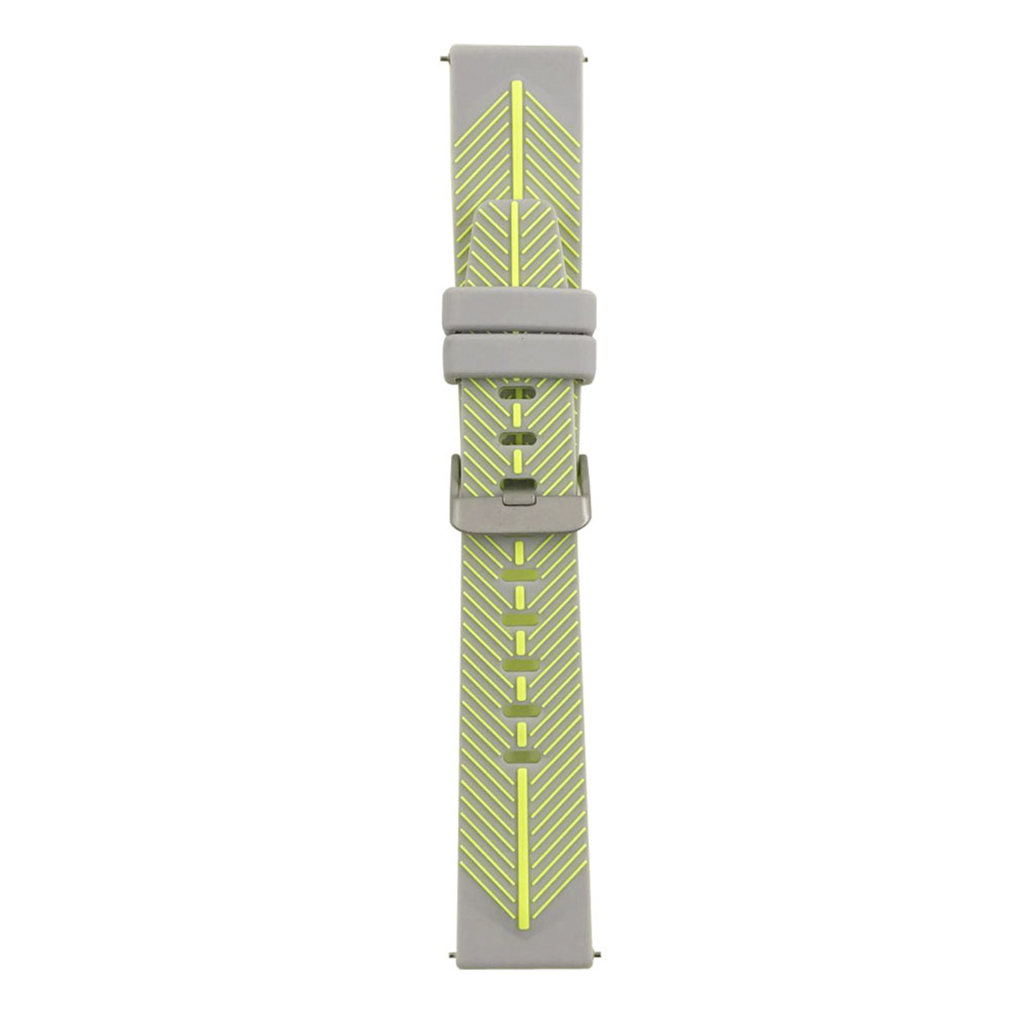 Una correa de reloj gris con un diseño de galón amarillo neón.