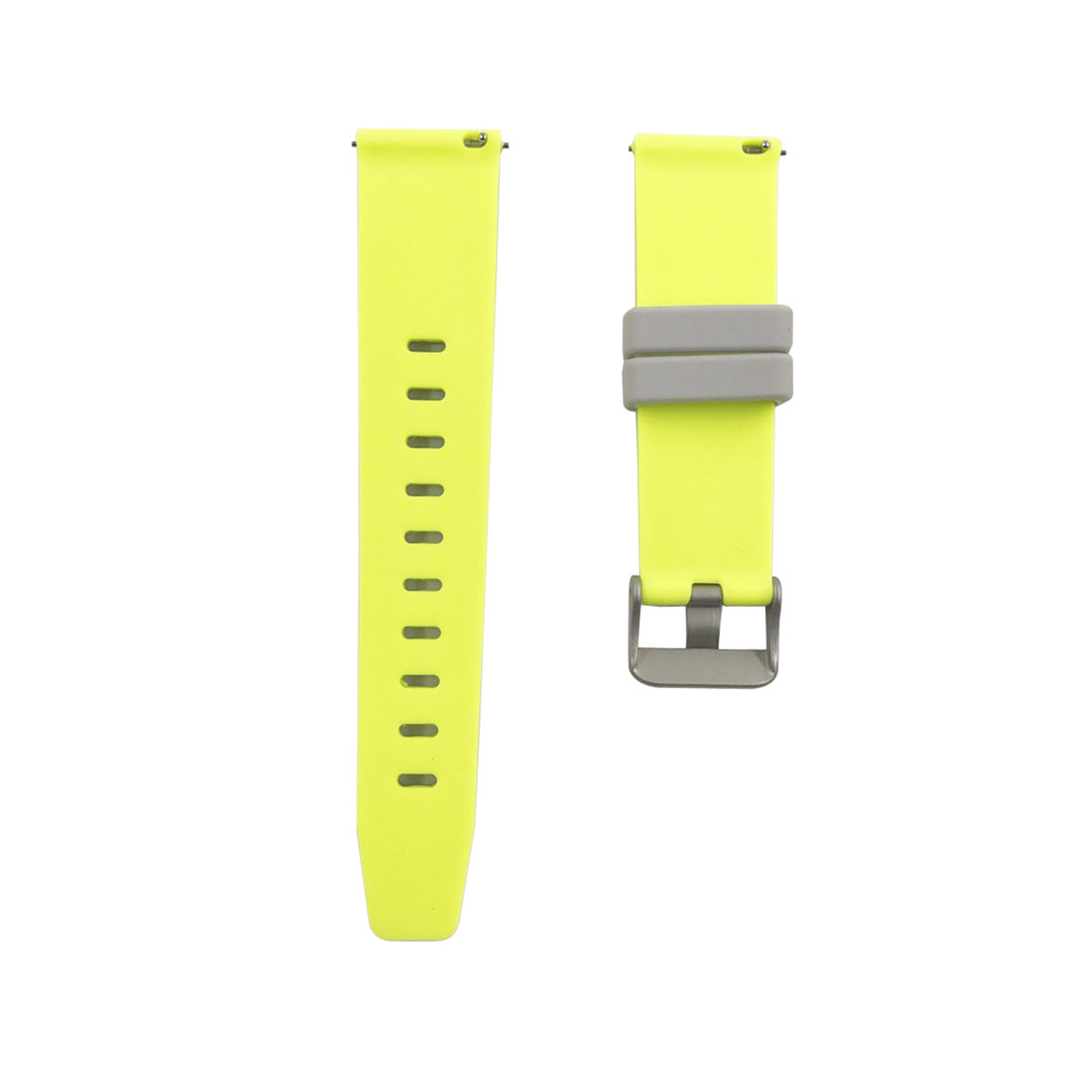 Dos correas de reloj amarillo neón. Una tiene agujeros, la otra hebilla y detalles grises.