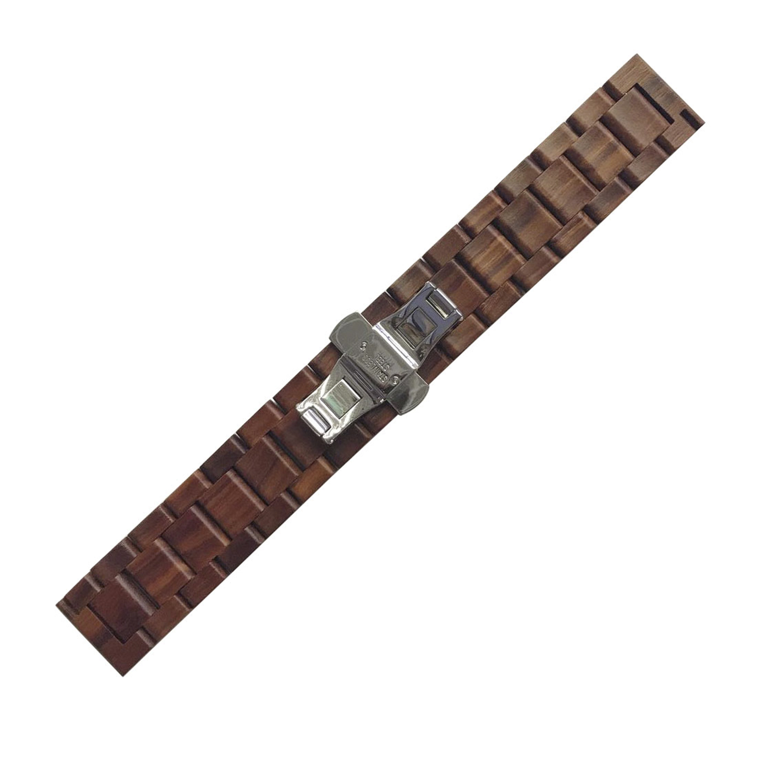 Una correa de reloj de madera marrón con un cierre plateado. La madera tiene un patrón de vetas distintivo.