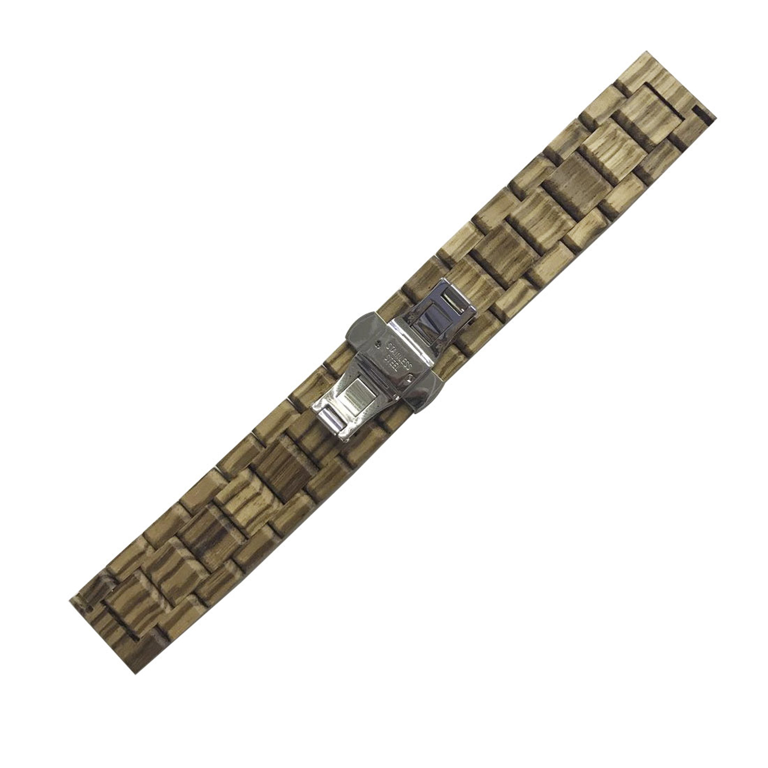 Correa de reloj de madera con cierre plateado, diagonalmente sobre una superficie blanca.