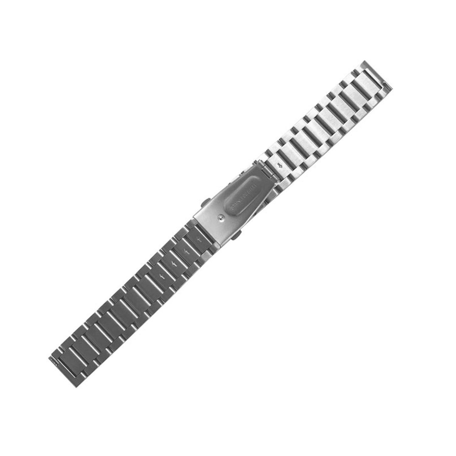 Una correa de reloj plateada. Está abierta y sobre un fondo blanco.