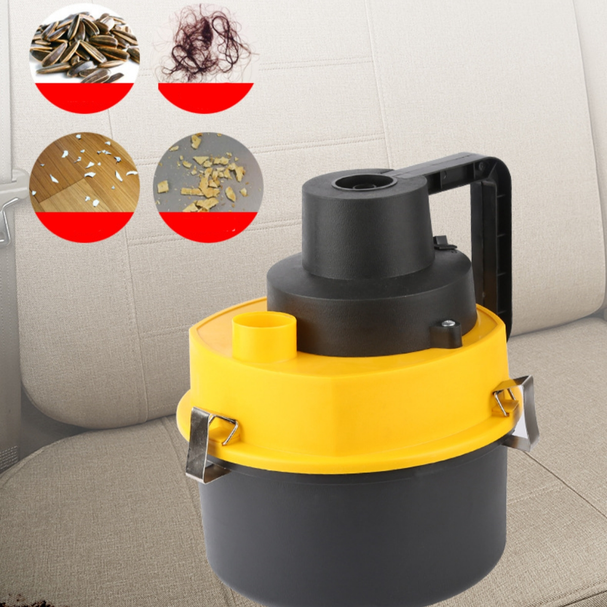 Kleiner Staubsauger mit Reinigungsbeispielen: Samen, Haare, Krümel.