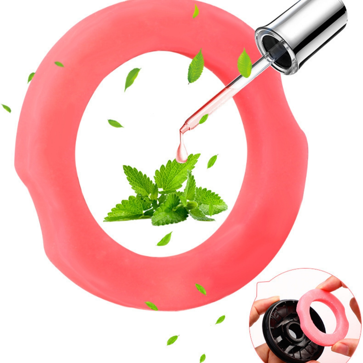Ein rosa Ring mit Minze und einer Pipette. Einige Blätter sind verstreut. Ein kleines Objekt wird gehalten.