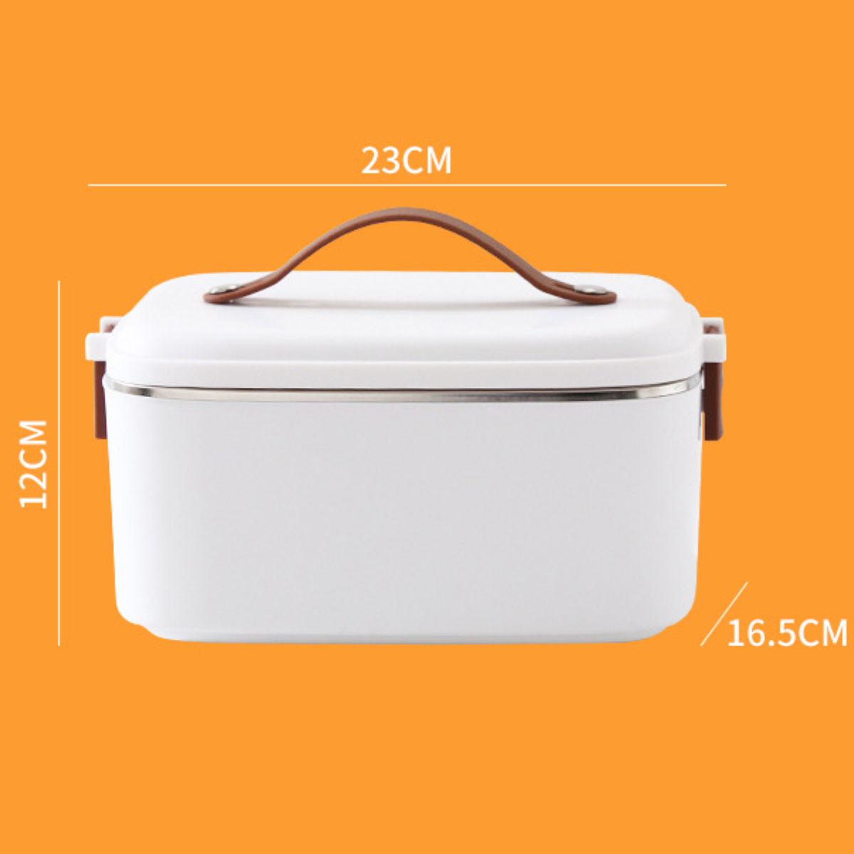 Eine weiße Lunchbox mit braunem Griff und Seitenclips. Sie befindet sich auf einem orangefarbenen Hintergrund.