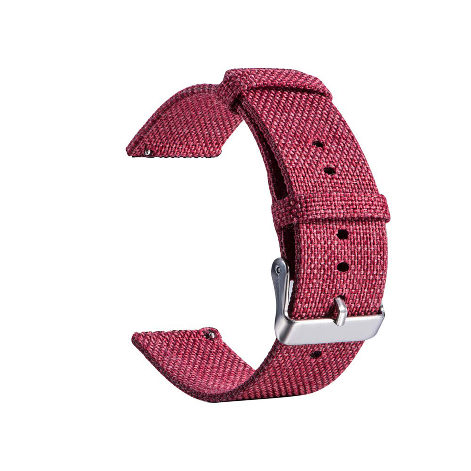 Una correa de reloj roja con hebilla plateada. La correa está en una posición curvada. Está sobre una superficie blanca.