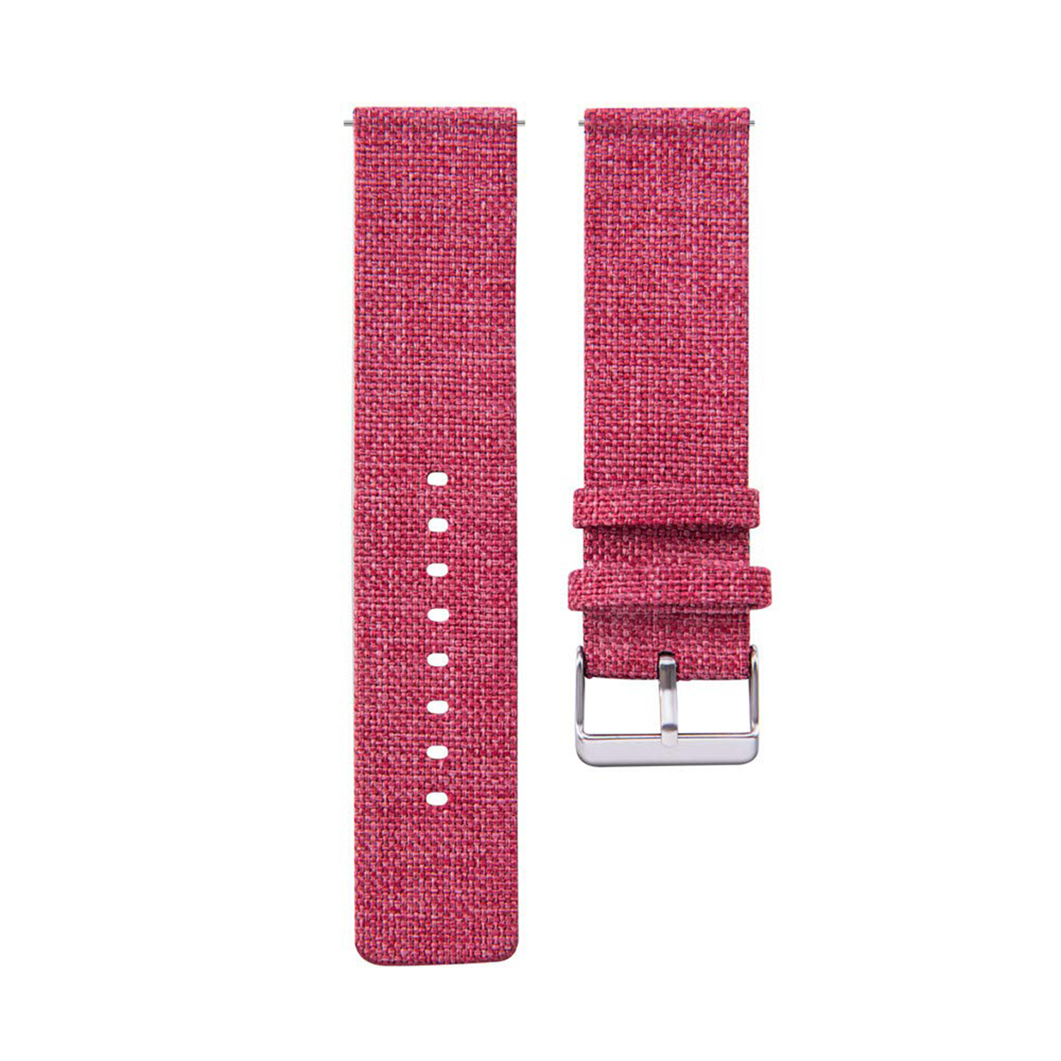 Correa de reloj de tela roja con costuras blancas y hebilla plateada.