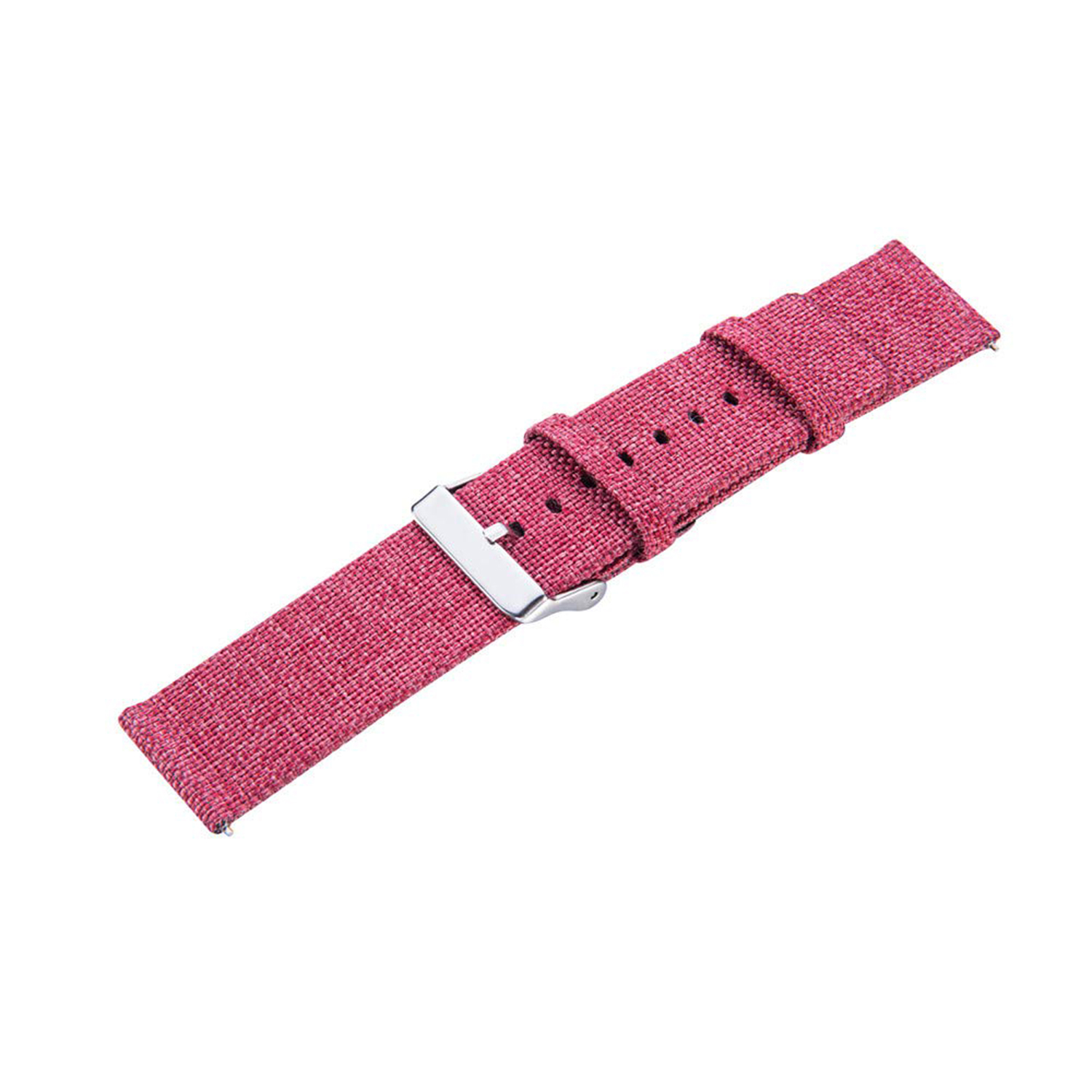 Una correa de reloj de tela roja con una hebilla plateada.
