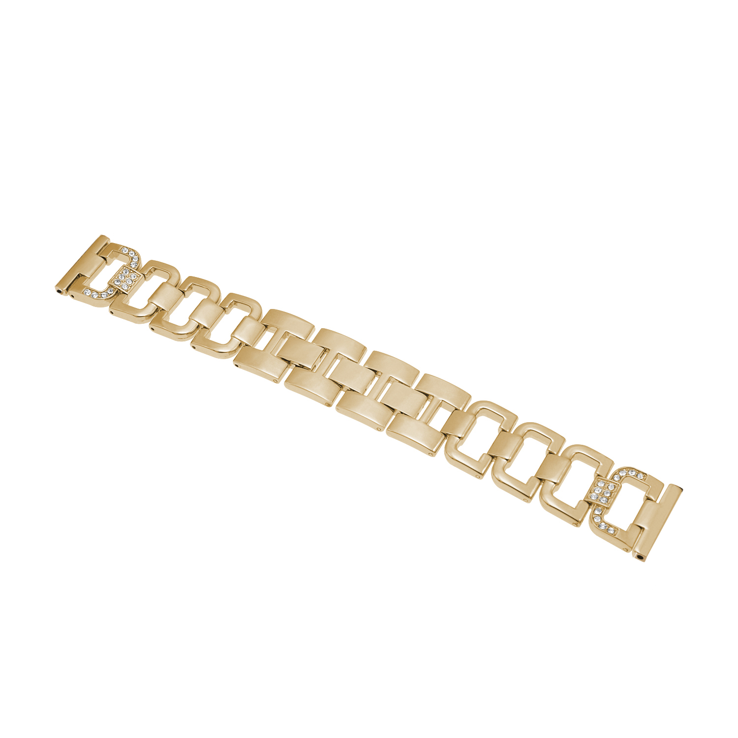 Una correa de reloj dorada con diseño de eslabones rectangulares y joyas brillantes sobre fondo blanco.