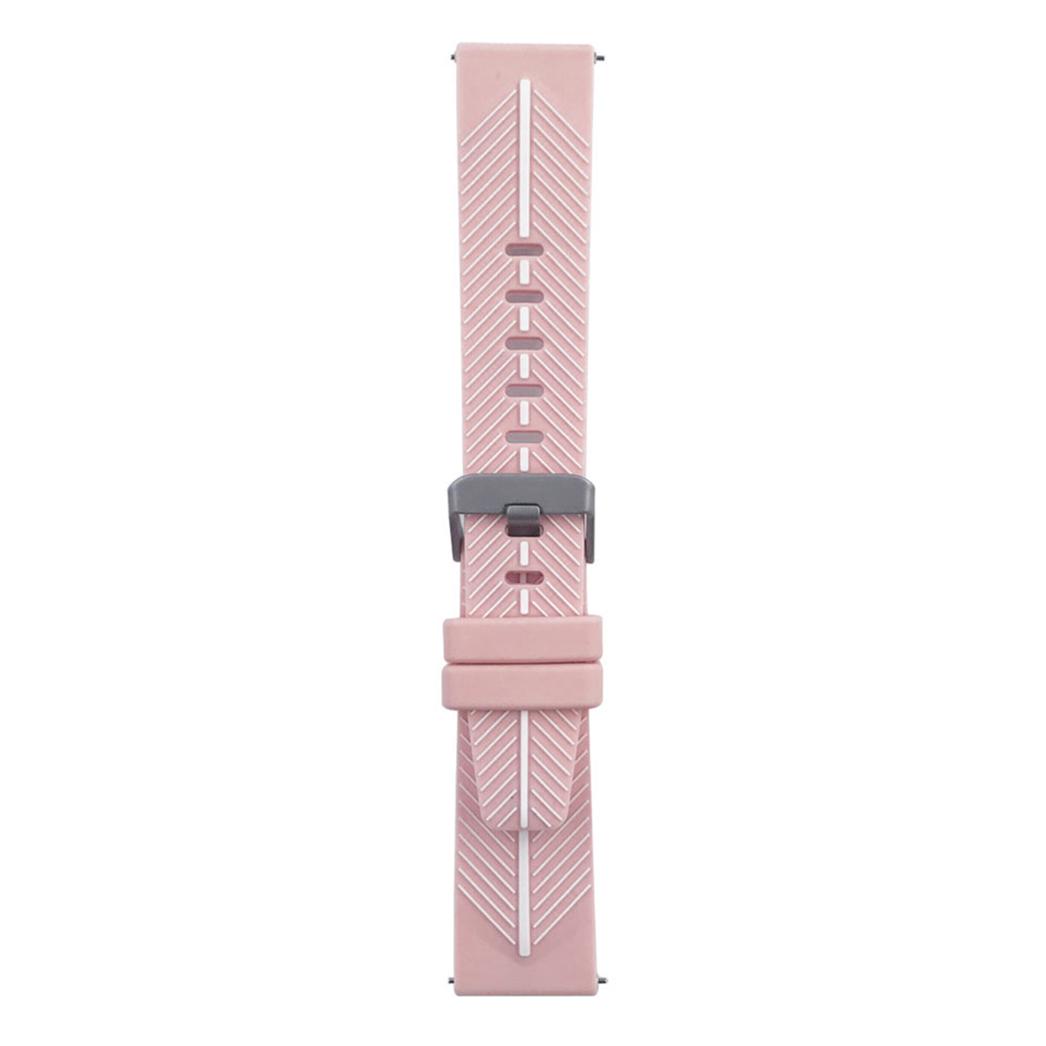Correa de reloj rosa con líneas diagonales blancas y hebilla gris. Detalles del diseño.