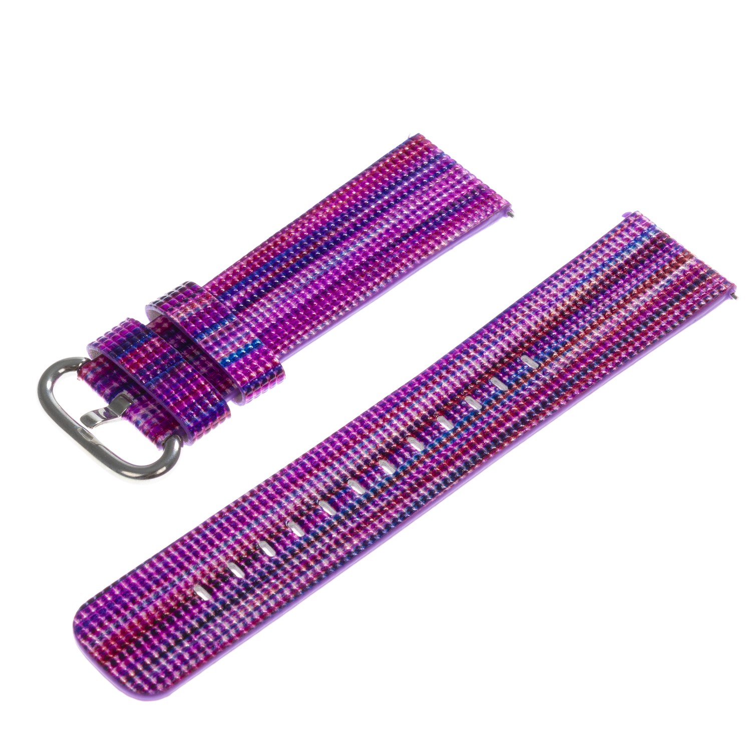 Correa de reloj con un patrón rosa y morado. Un primer plano de la correa y cómo se sujeta.