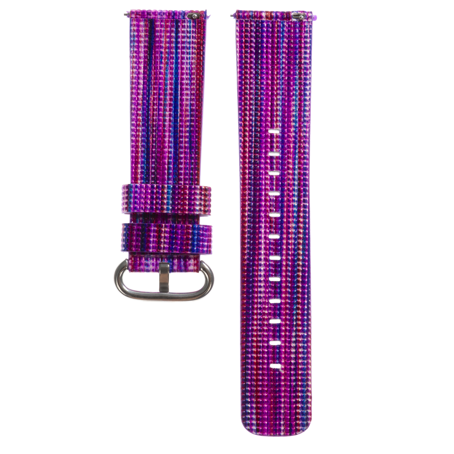 Una correa de reloj rosa vivo con hebilla y diseño estampado. La correa está sobre blanco.