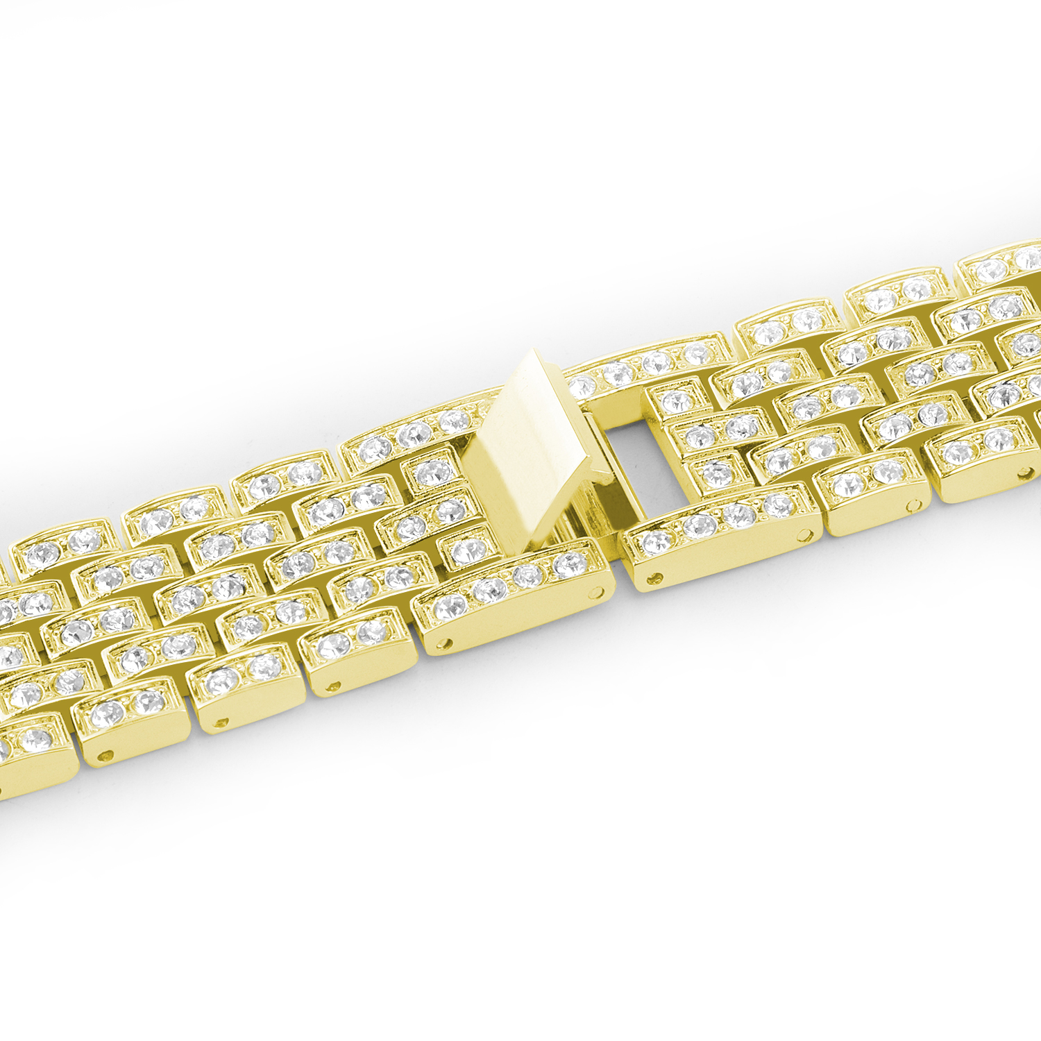 Primer plano de una correa de reloj dorada con diamantes incrustados, sobre fondo blanco.