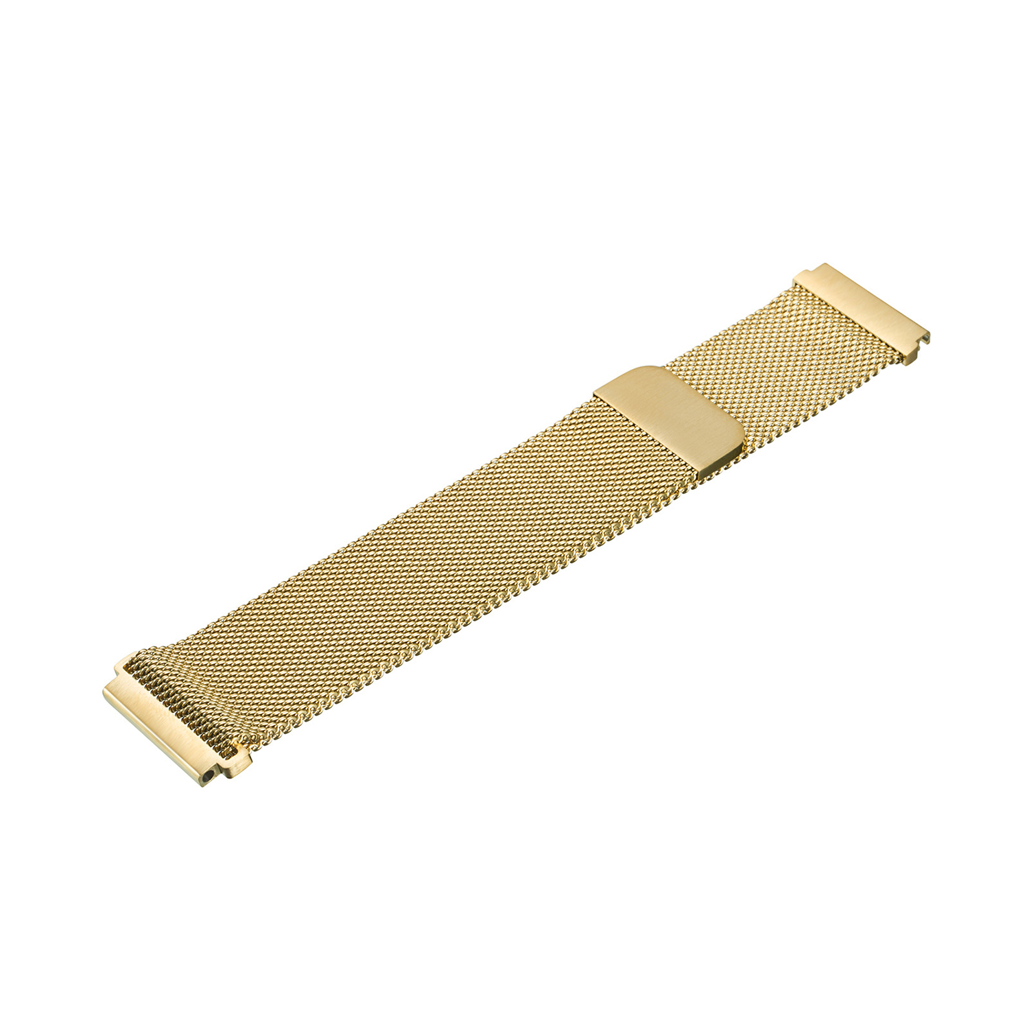 Correa de reloj de malla dorada. La correa es rectangular, con un cierre en un extremo.