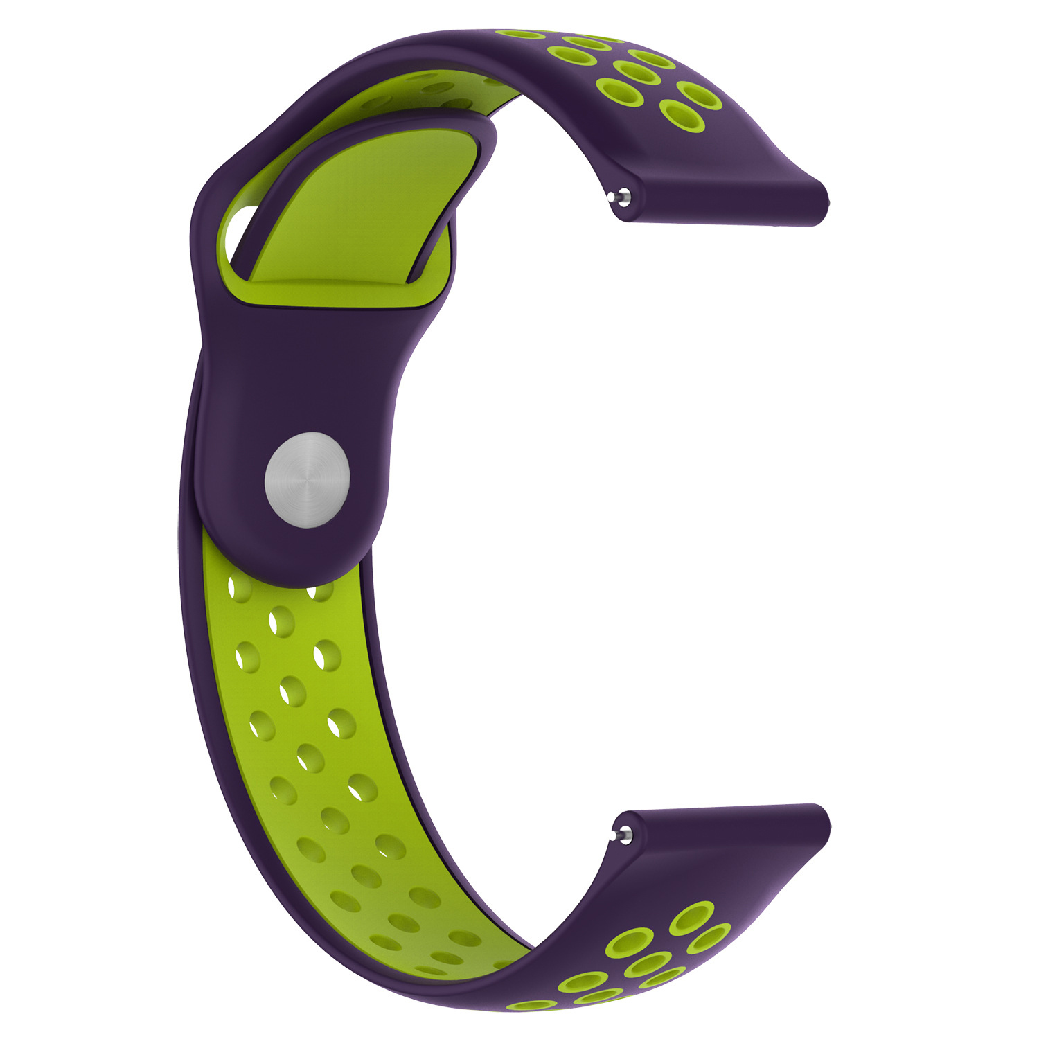 Correa de reloj morada y verde. La correa tiene agujeros verdes.