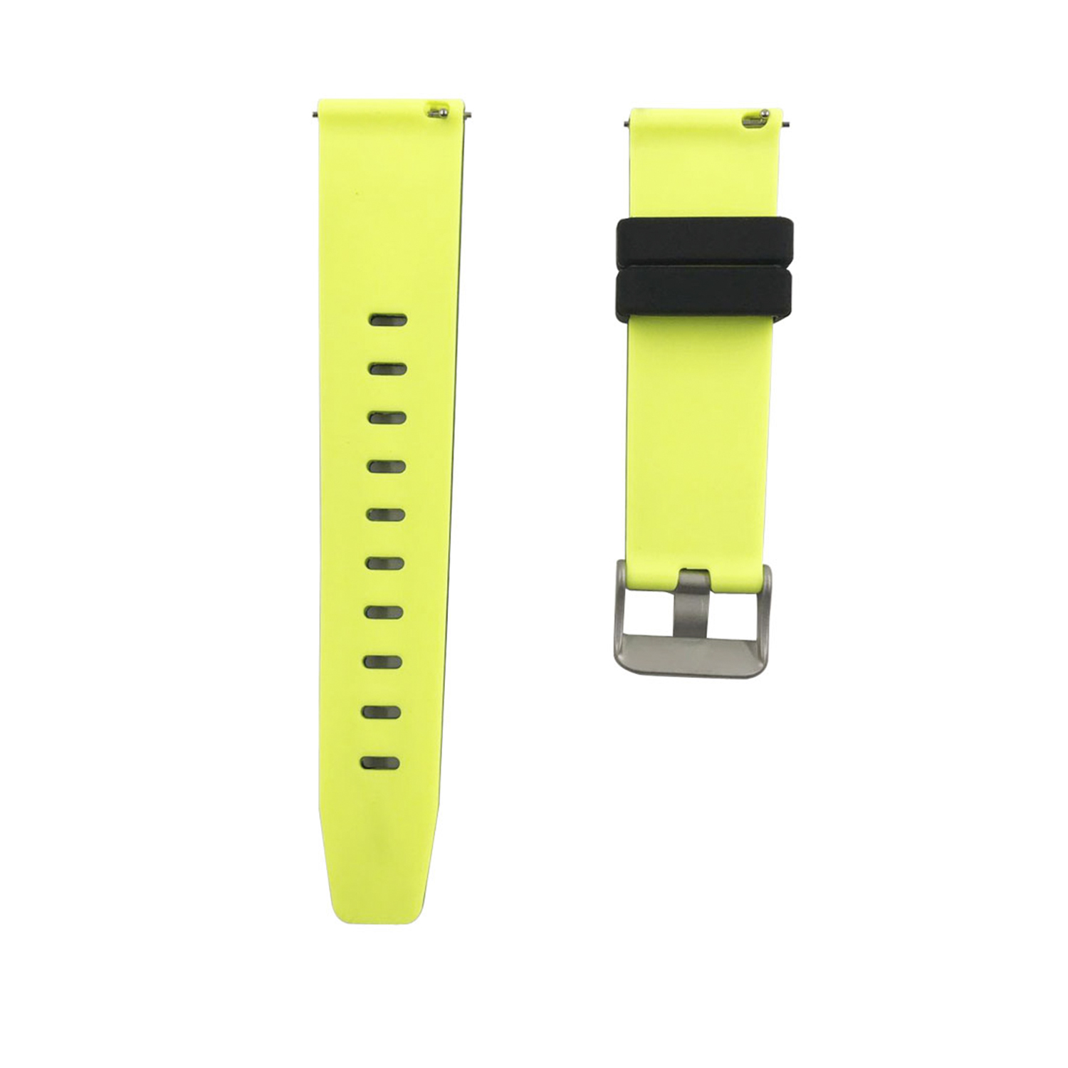 Dos correas de reloj amarillas con retenedor negro. Fondo blanco. Hebilla visible.