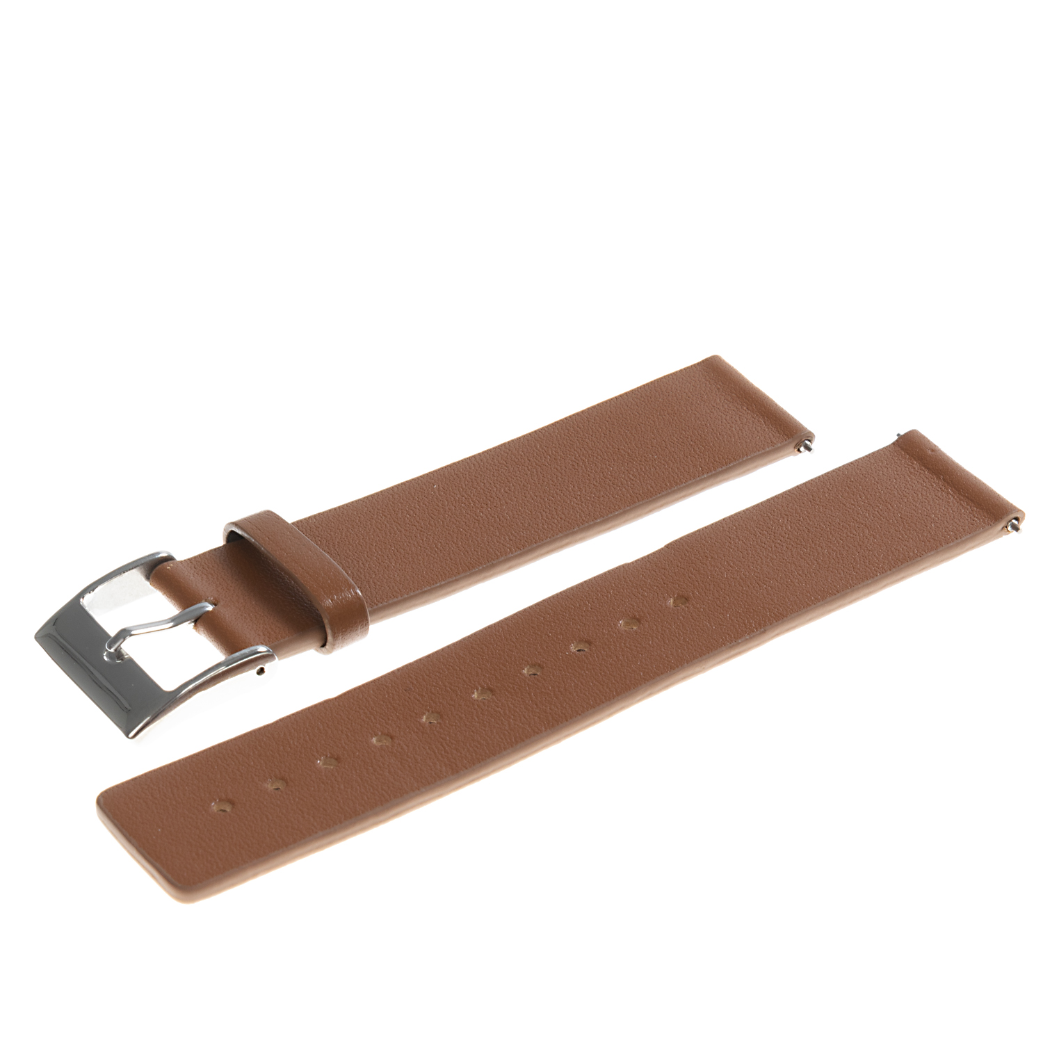 Correa de reloj de cuero marrón con hebilla plateada, plana sobre una superficie blanca.