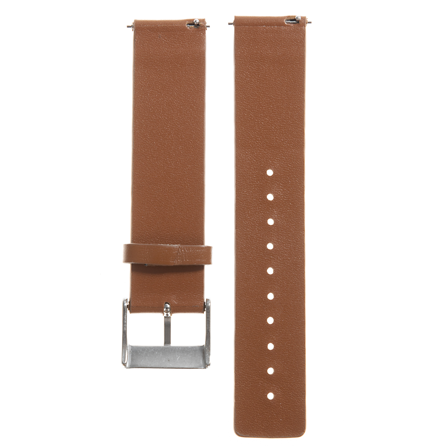 Dos correas de reloj de cuero marrón con hebilla metálica. Una correa tiene agujeros para ajustar.