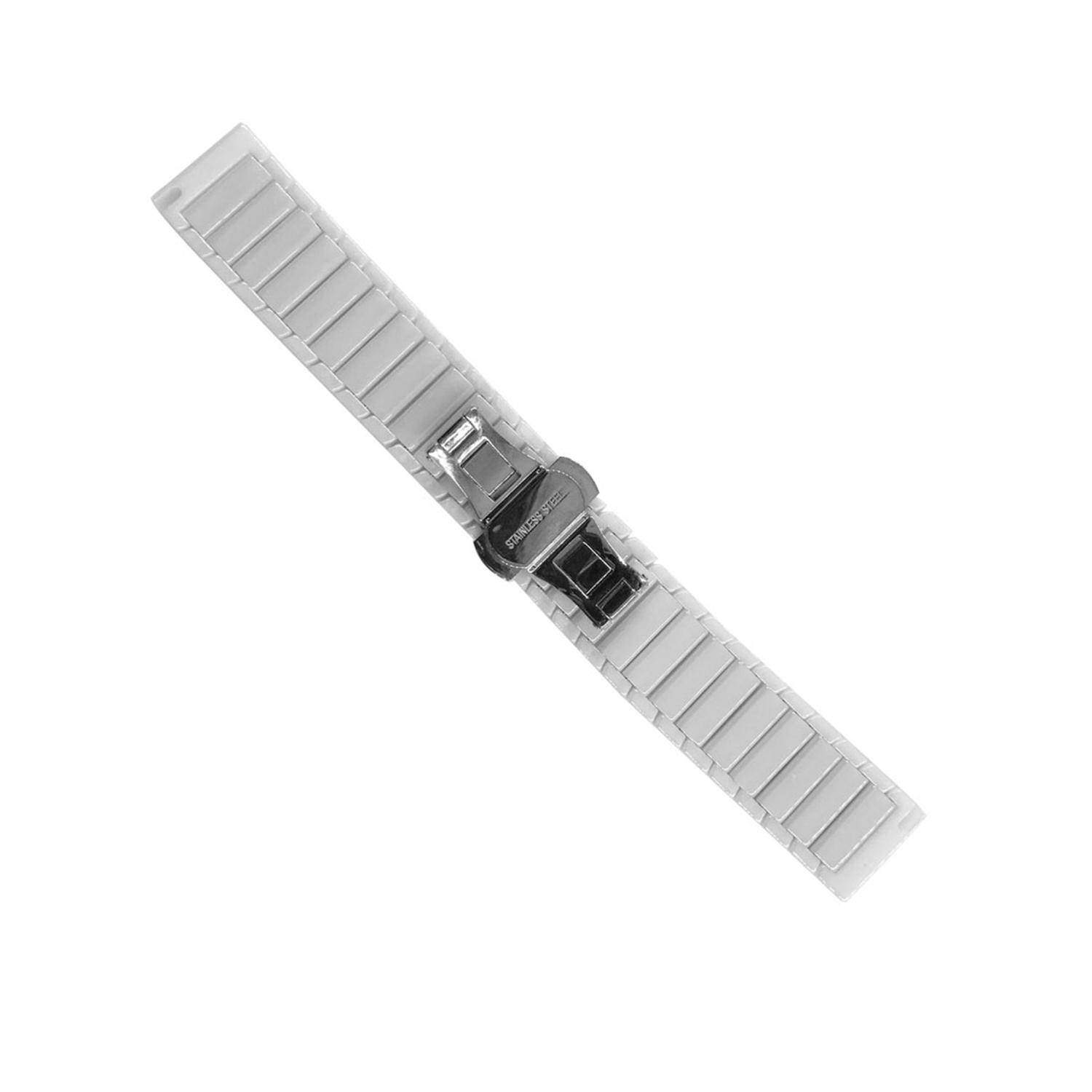 Correa de reloj blanca con un cierre de acero inoxidable marcado "Stainless Steel", acostada plana.