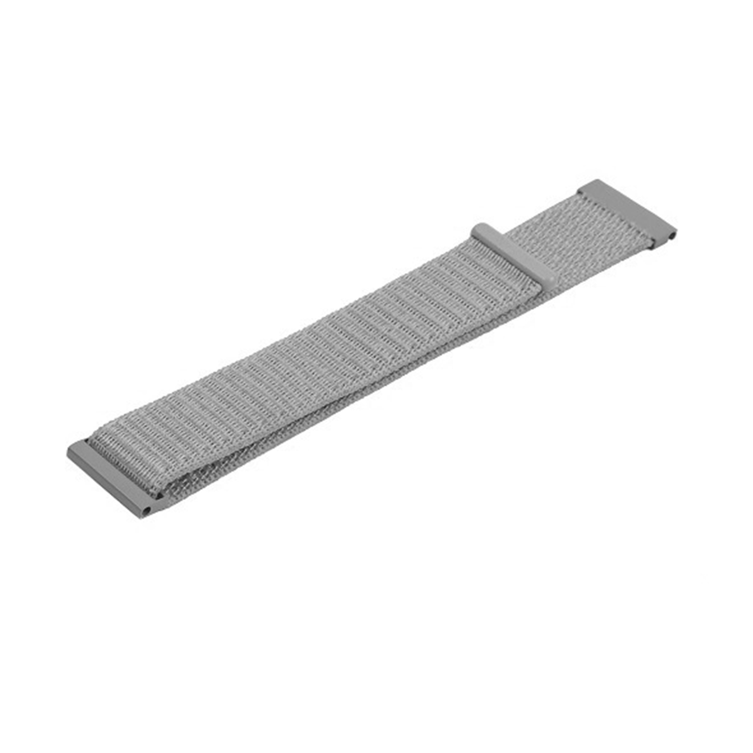 Una correa de reloj gris hecha de material tejido. La correa tiene un cierre gris. Se encuentra sobre fondo blanco.