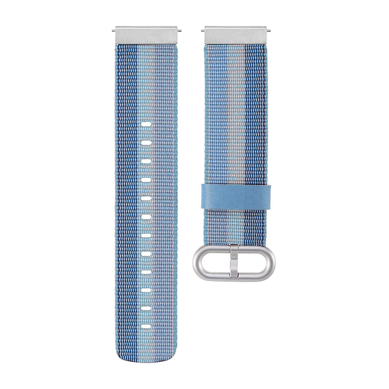 Dos correas de reloj: una azul, otra a rayas azul y blanco, con hebillas plateadas.