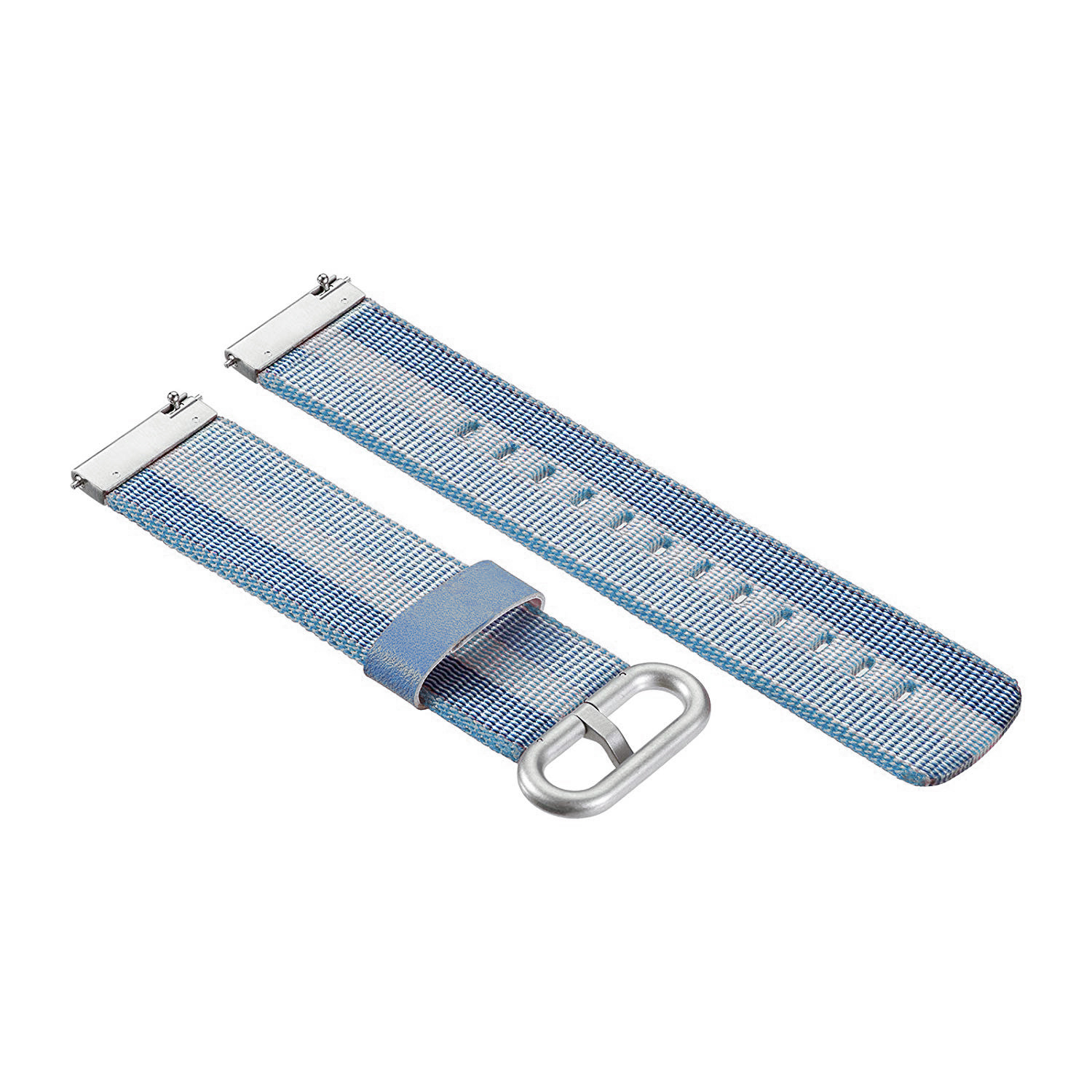 Correa de reloj azul y blanca con herrajes plateados. Está hecha de material tejido.