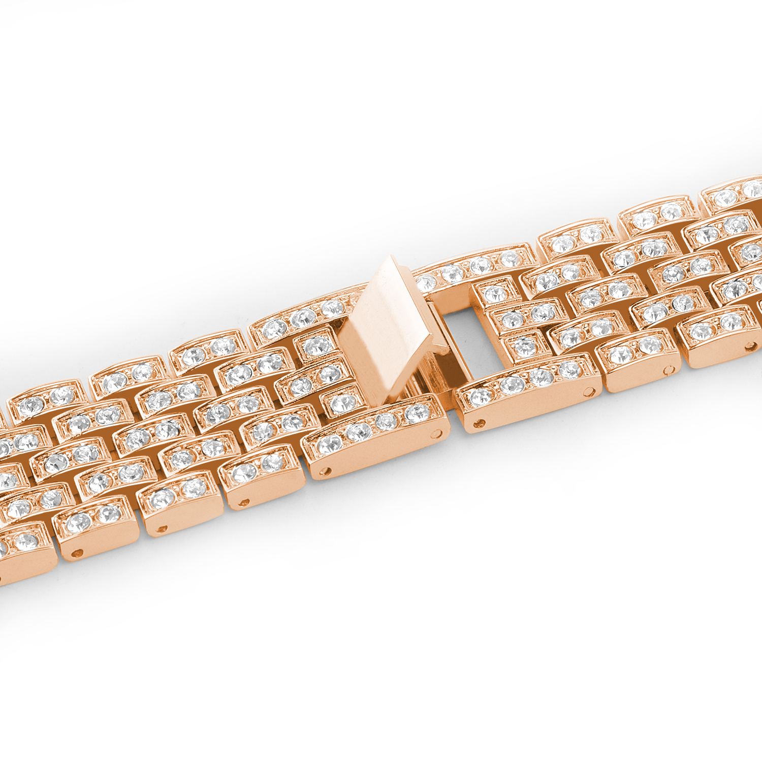 Un primo piano di un cinturino in oro rosa con cristalli scintillanti e una chiusura.