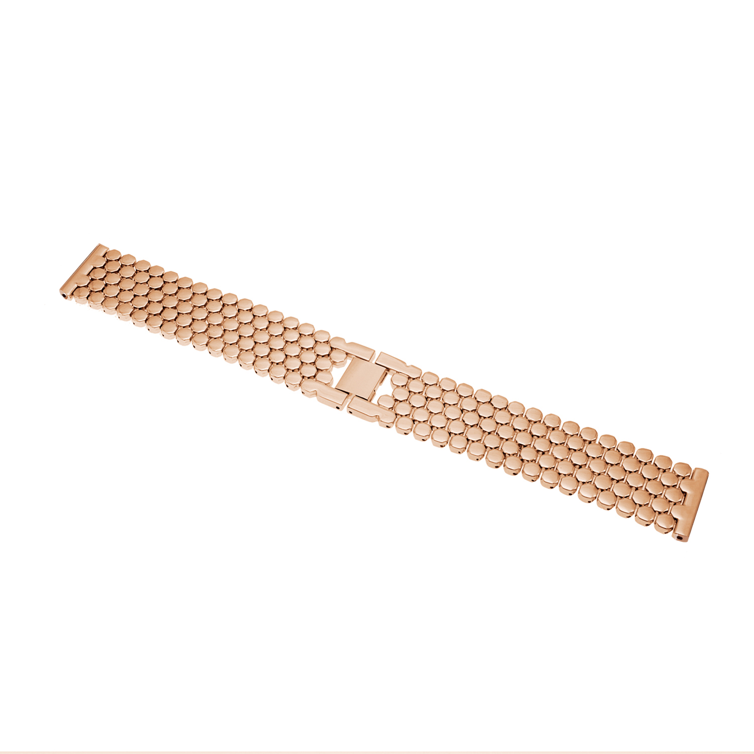 Correa de reloj oro rosa hecha de eslabones circulares pequeños. Primer plano detallado.