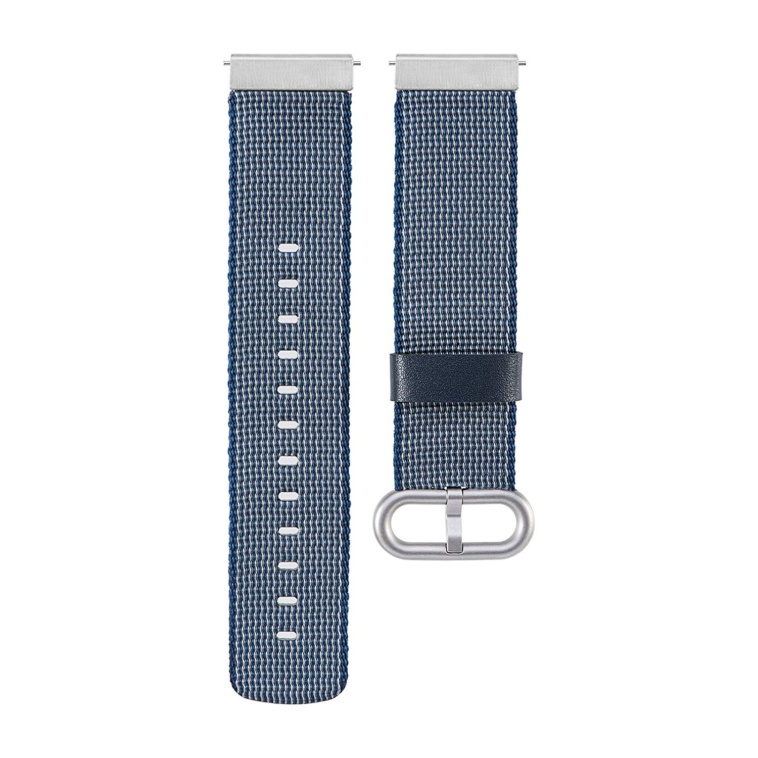 Dos correas de reloj azules y blancas con extremos plateados. Una tiene una hebilla.