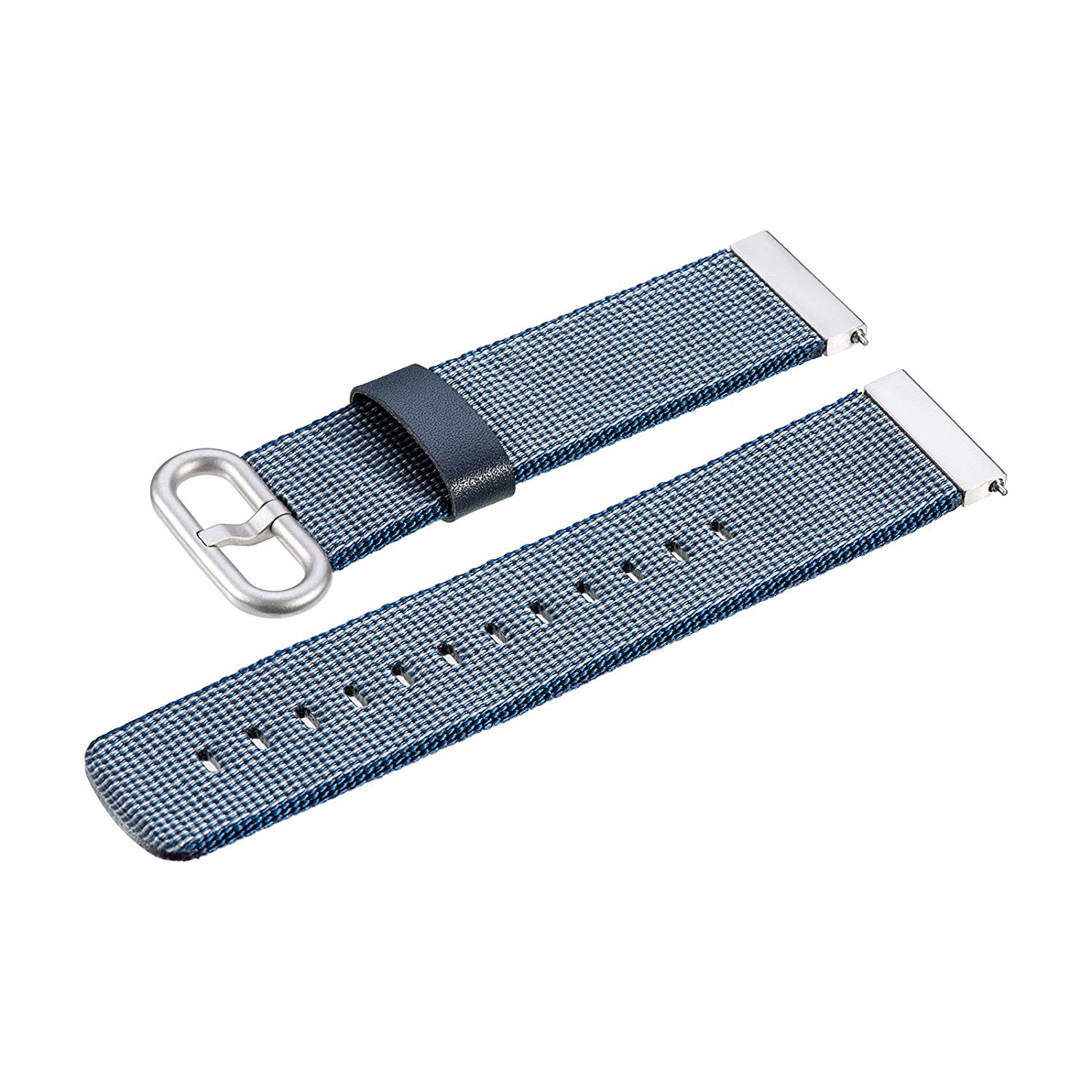 Correa de reloj azul tejida con hebilla plateada. La correa tiene un acento de cuero.