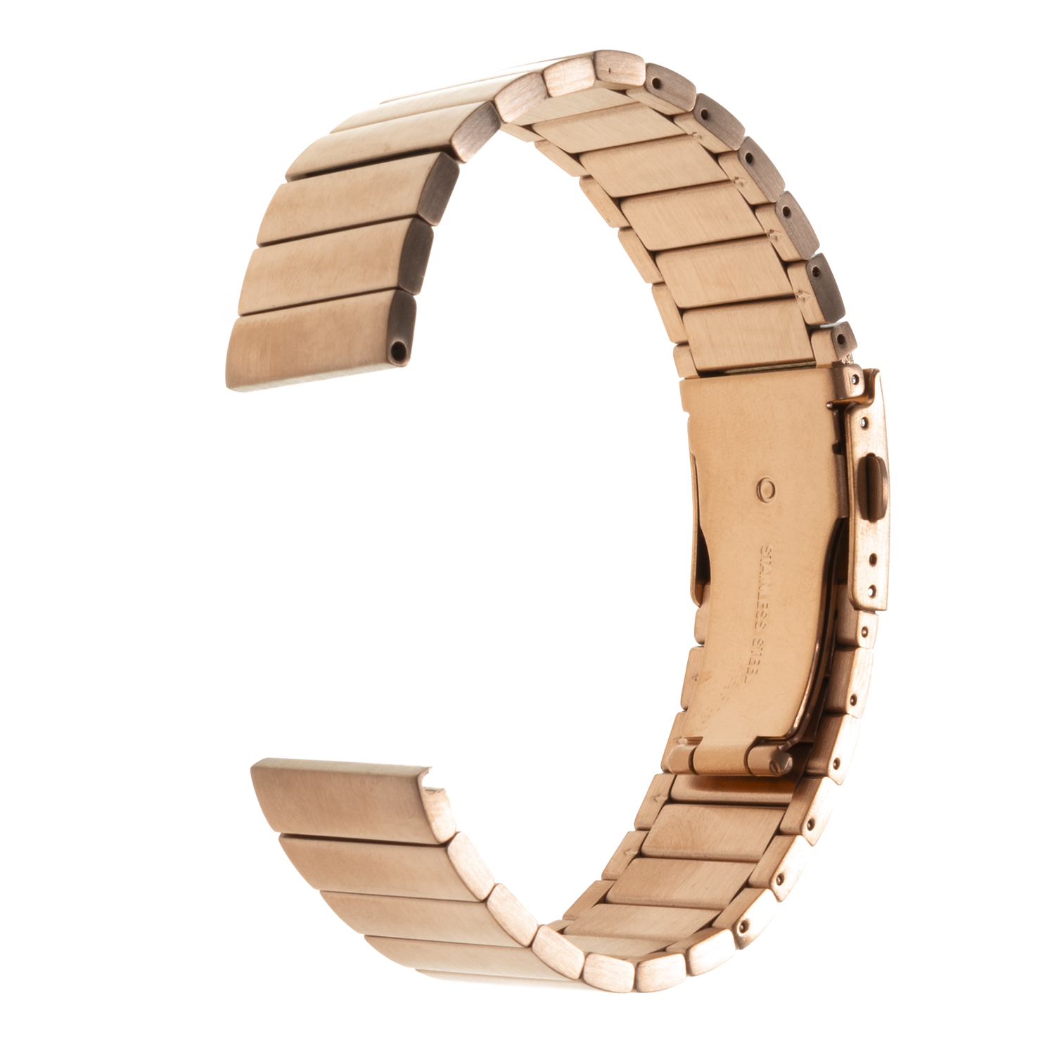 Correa de reloj oro rosa, curvada, abierta. Cierre de acero inoxidable.