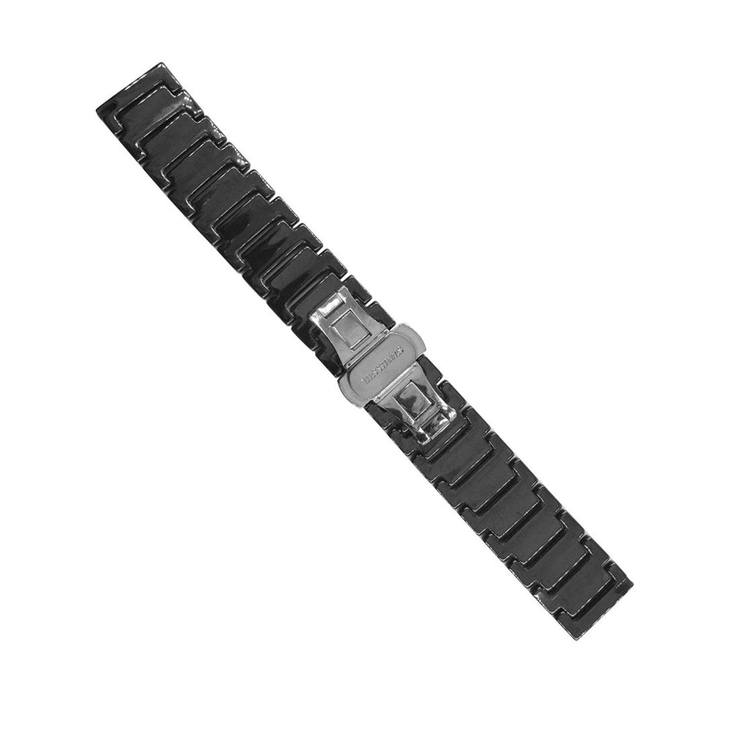 Correa de reloj de metal negro con cierre plateado sobre fondo blanco.