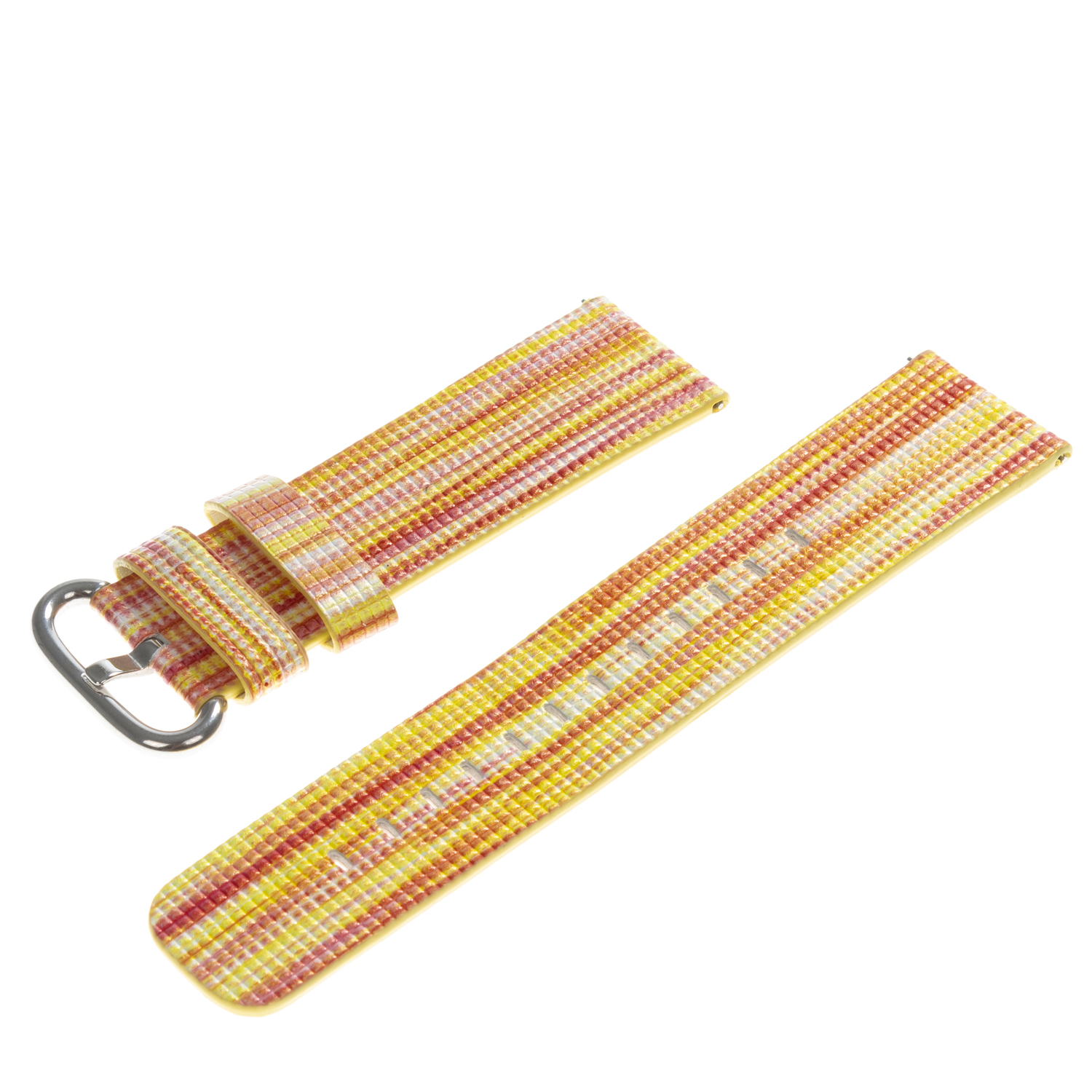 Correa de reloj con un patrón de rayas coloridas en rojo, amarillo y blanco, con un cierre plateado.