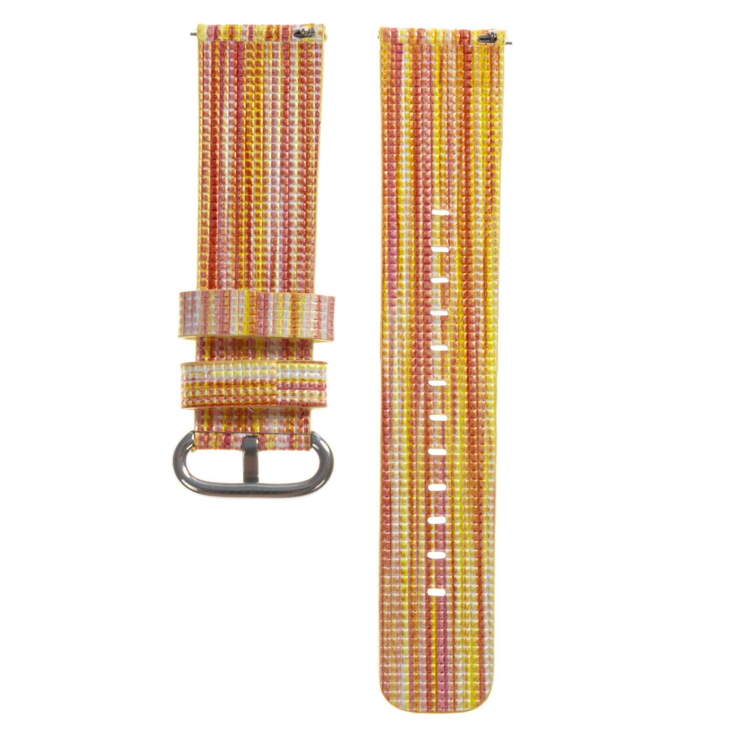 Correa de reloj colorida con mezcla de amarillo, naranja y rosa, con hebilla plateada.