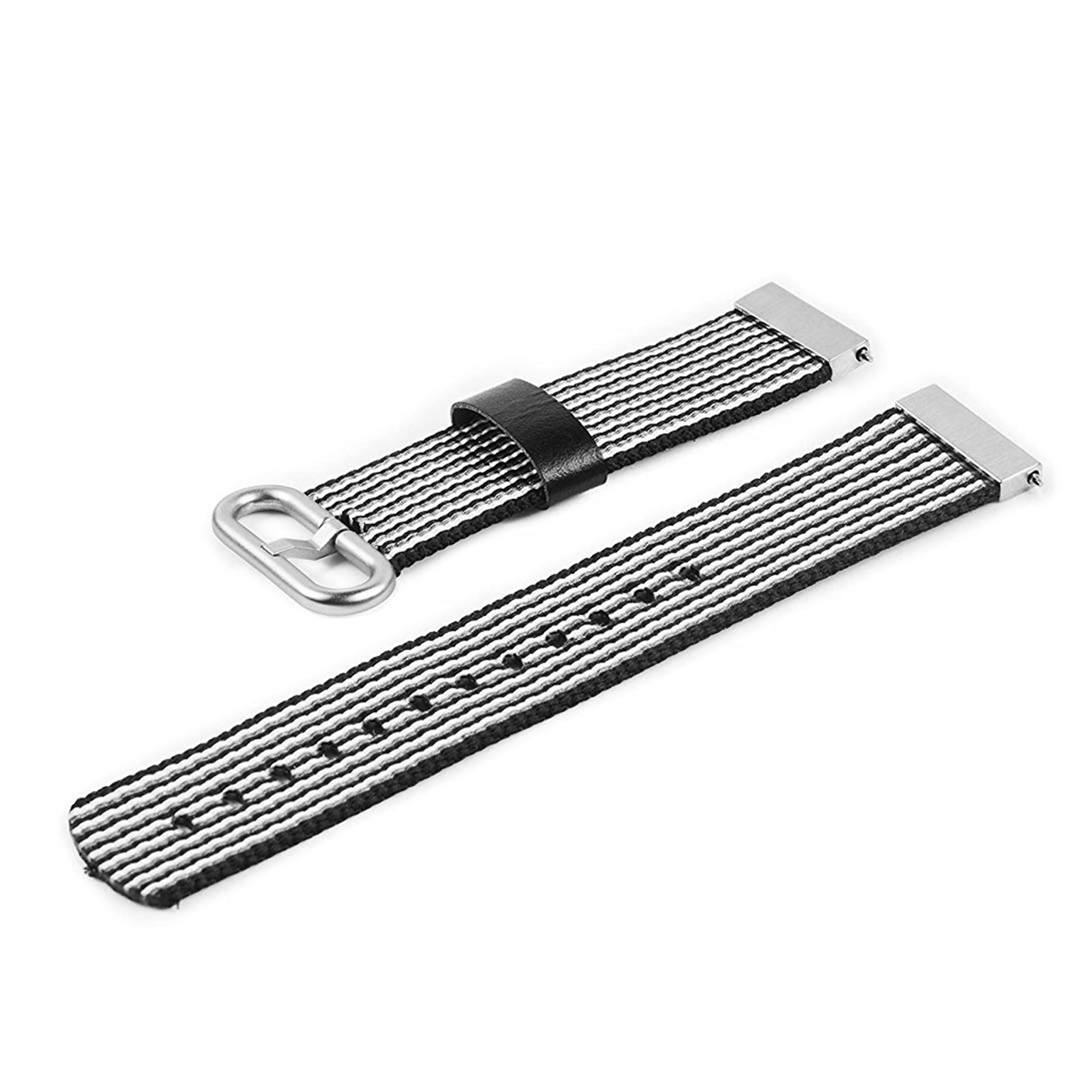 Correas de reloj a rayas blancas y negras y una hebilla de metal sobre fondo blanco.