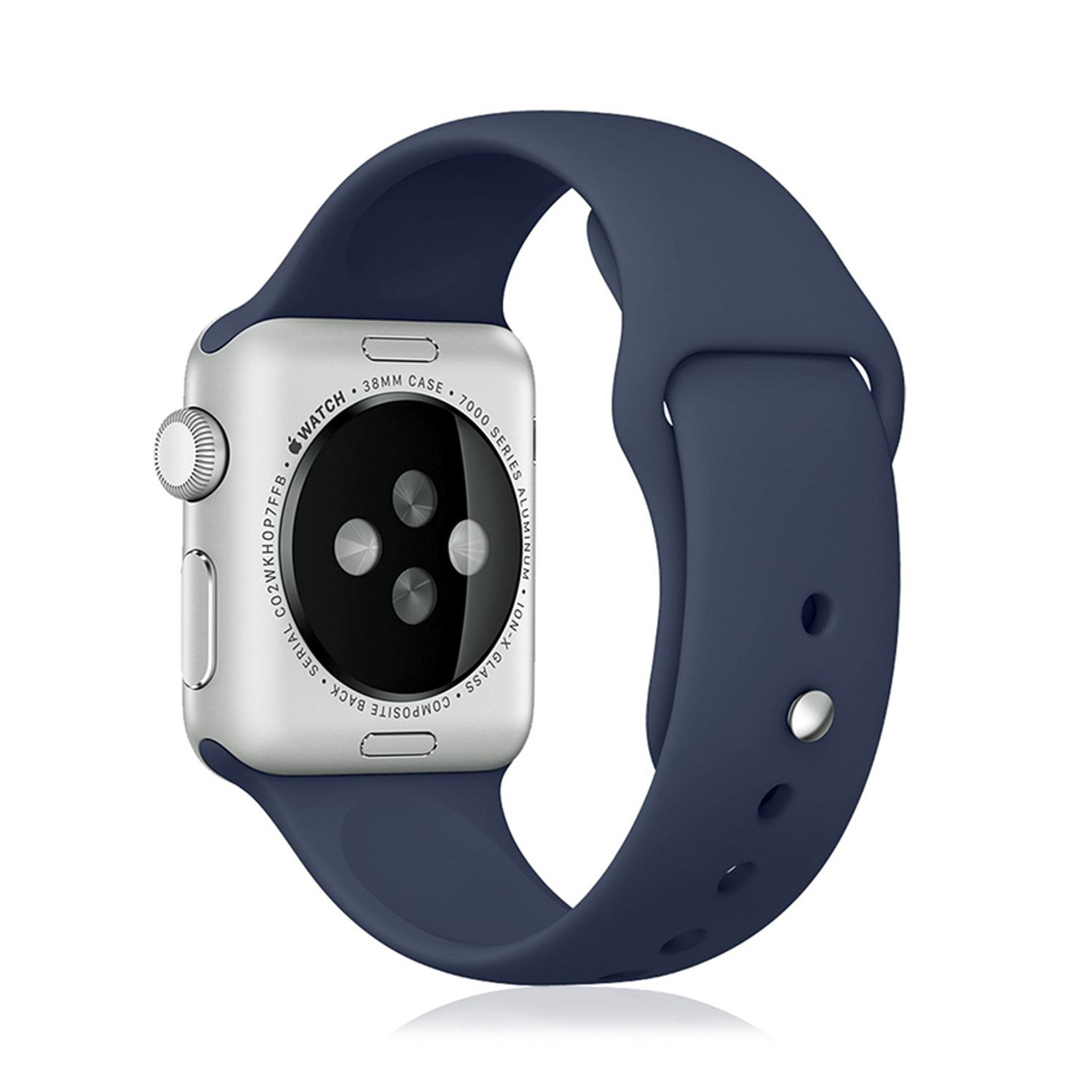 Un Apple Watch con correa azul marino. La esfera del reloj es visible.