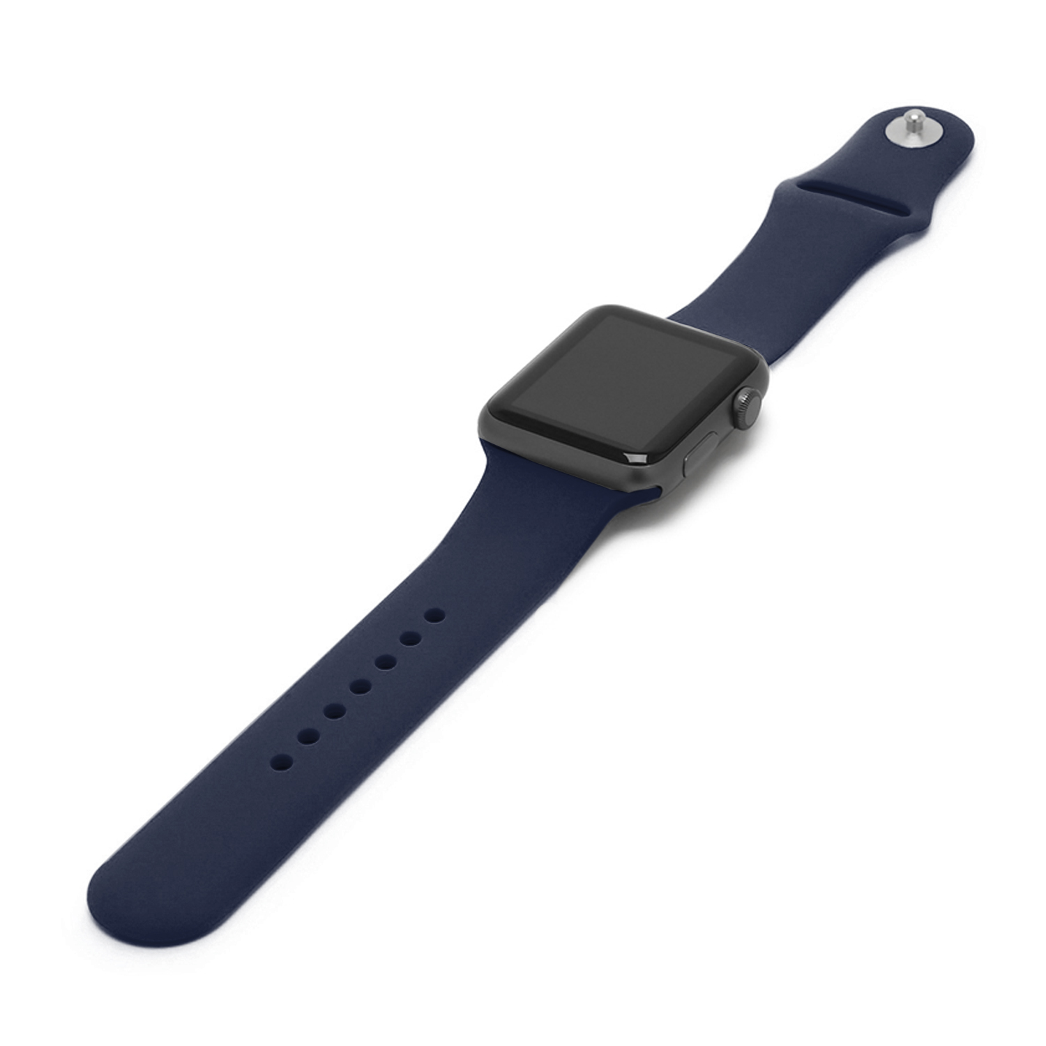 Apple Watch azul marino con correa azul oscuro, sobre fondo blanco.