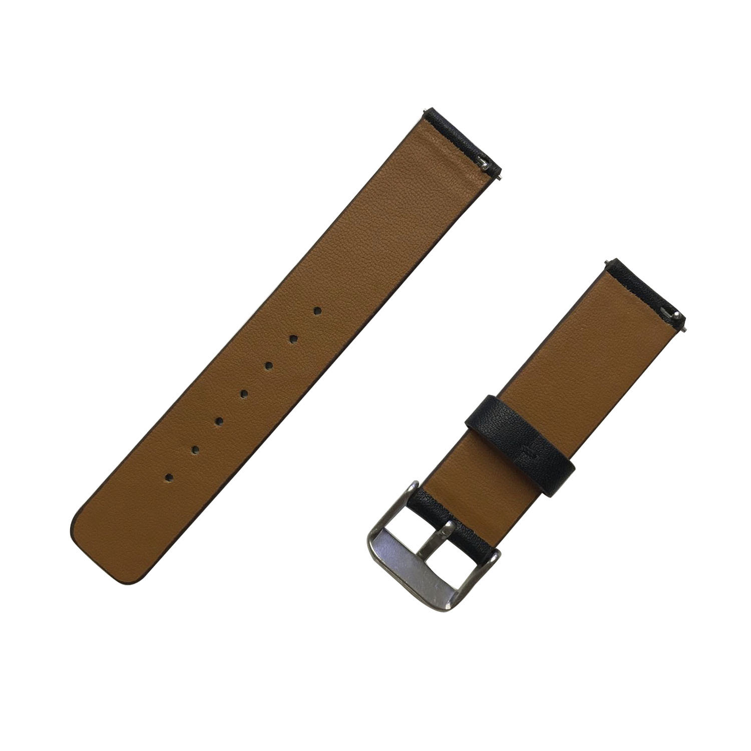Una correa de reloj, negra arriba, marrón debajo, con una hebilla plateada, contra blanco.