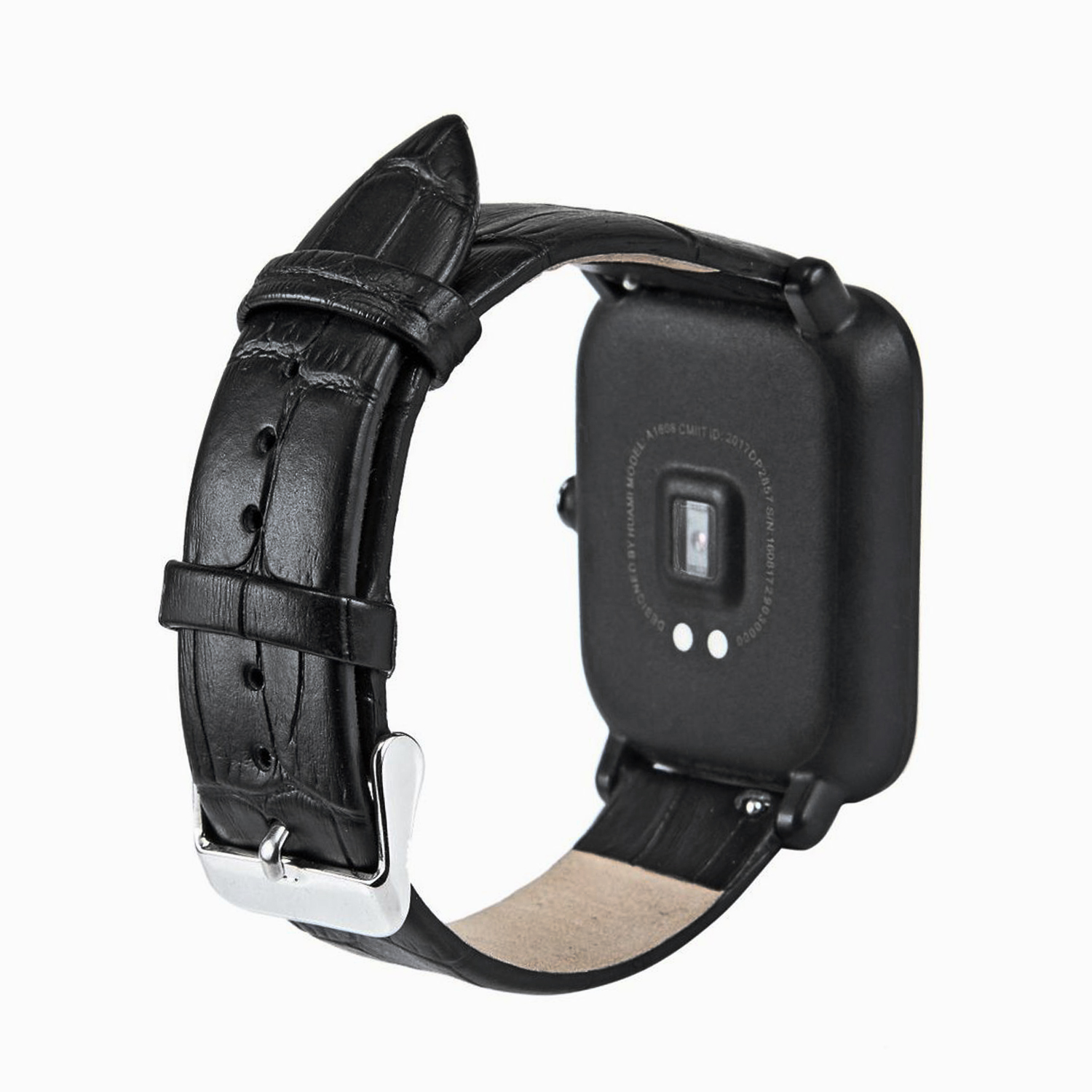 Orologio in pelle nera con cinturino nero. Il cinturino è collegato alla cassa.