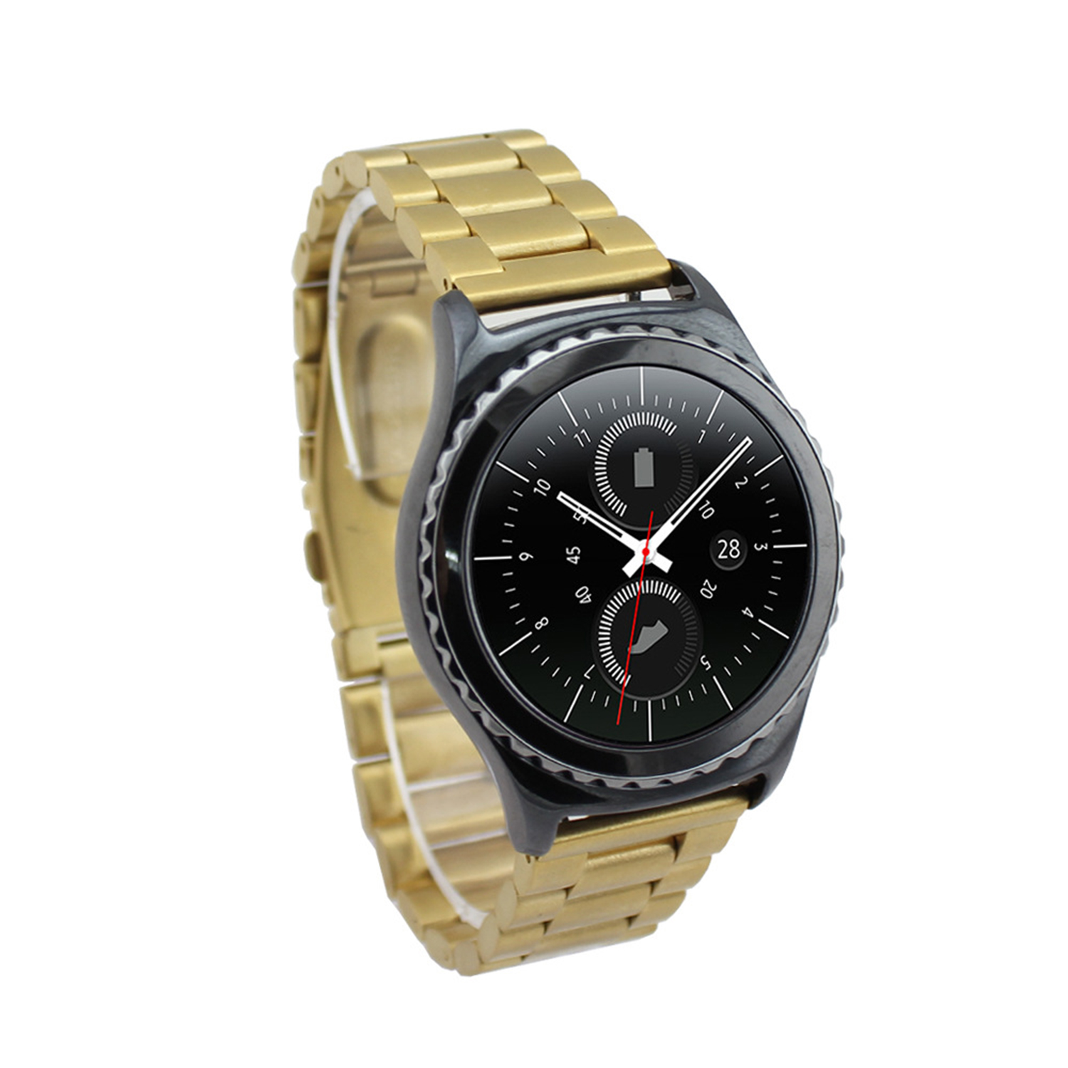 Un reloj dorado con esfera negra que muestra la hora. El fondo es blanco.