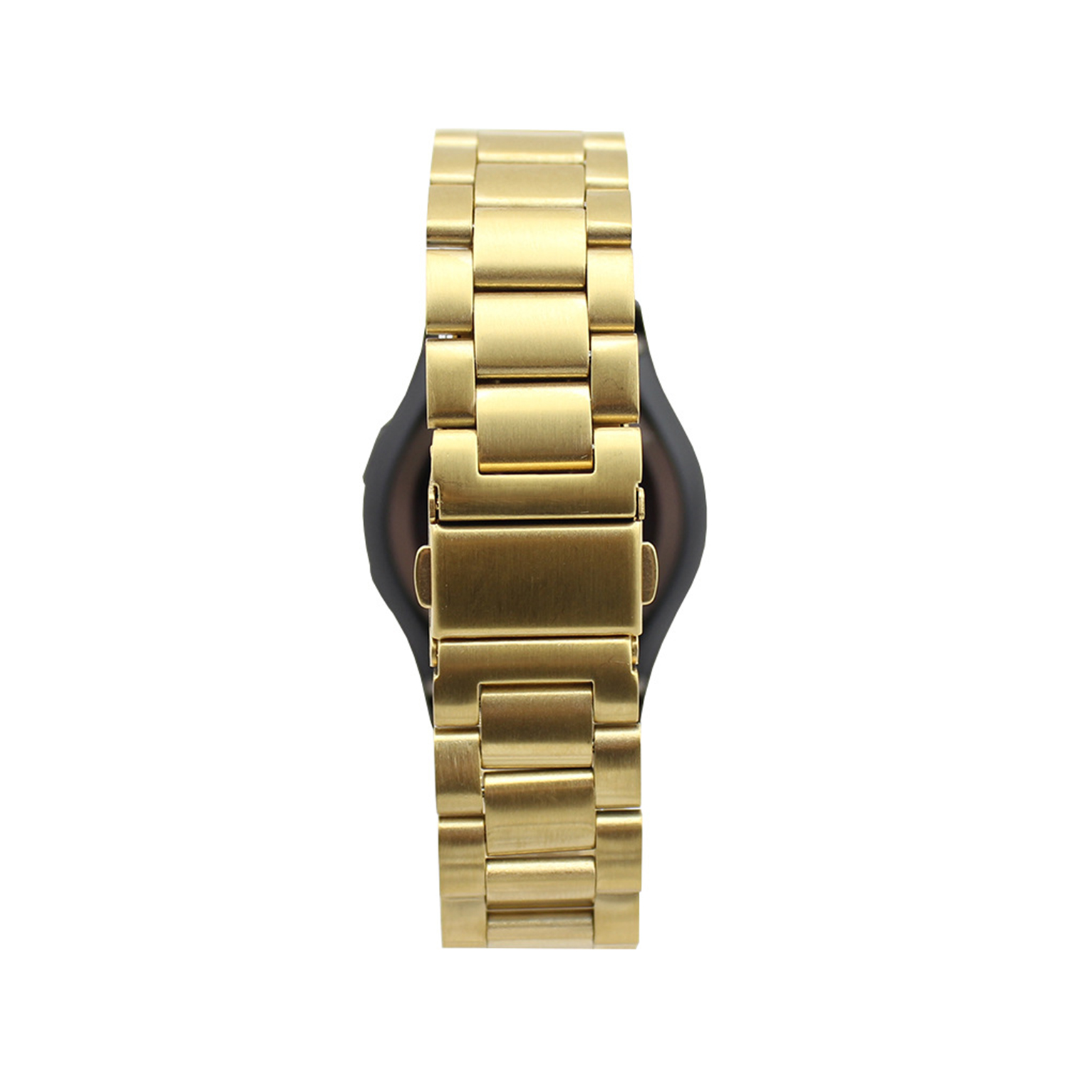 Reloj dorado con correa metálica, vista superior. Aislado sobre fondo blanco.