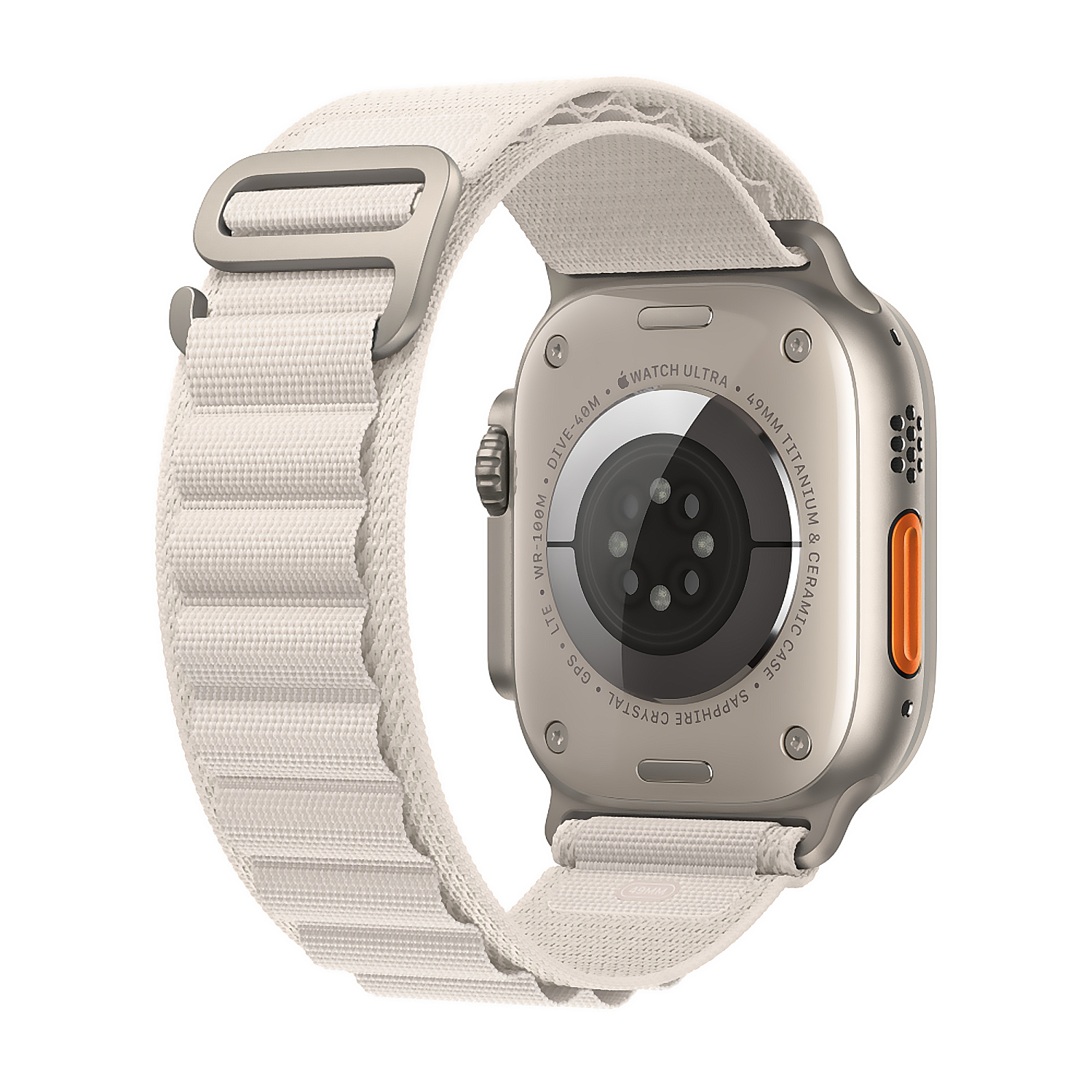 Apple Watch Ultra, cinturino color crema, vista angolata, retro. Sfondo bianco.
