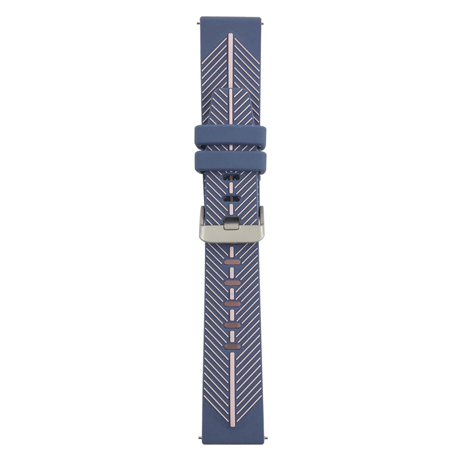 Correa de reloj azul con patrón geométrico rosa y hebilla plateada.