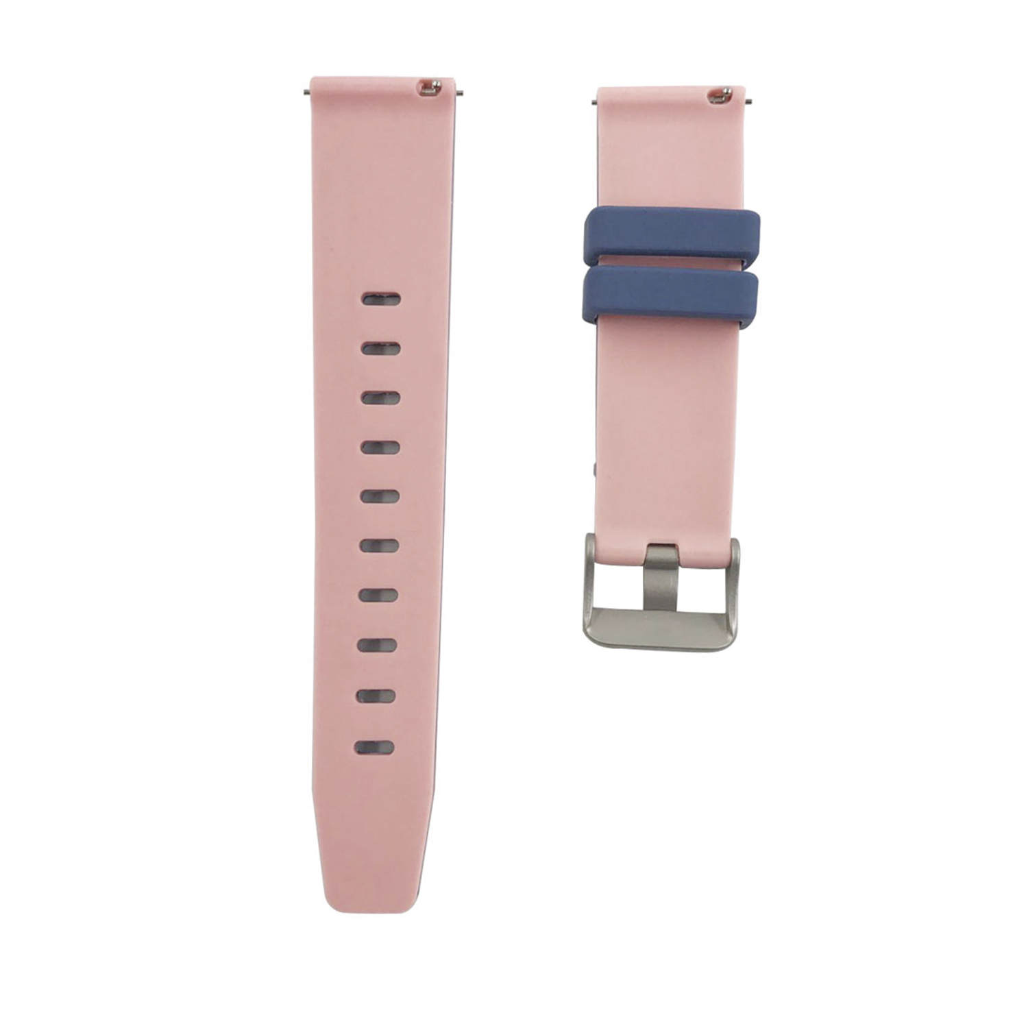 Dos correas de reloj, rosa con detalles azules. Las correas están sobre un fondo blanco.