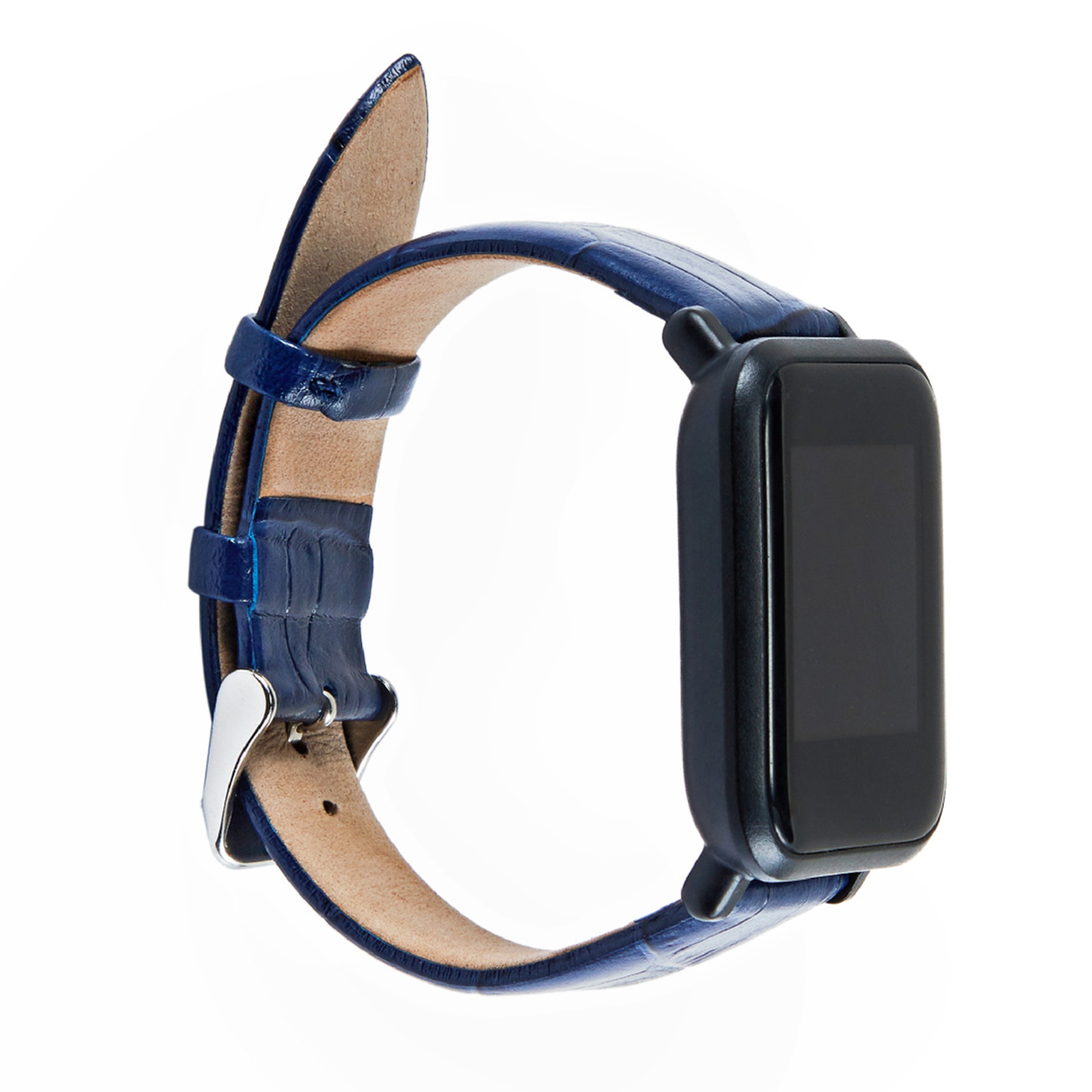 Smartwatch azul con correa azul. La esfera del reloj es negra.
