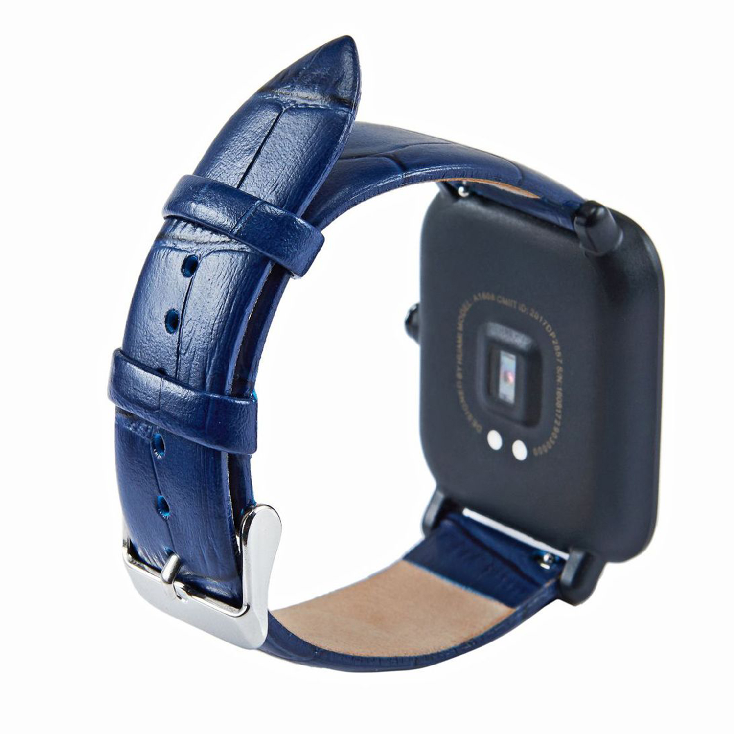 Correa de reloj de cuero azul adjunta a un reloj inteligente negro. La parte trasera del reloj es visible.