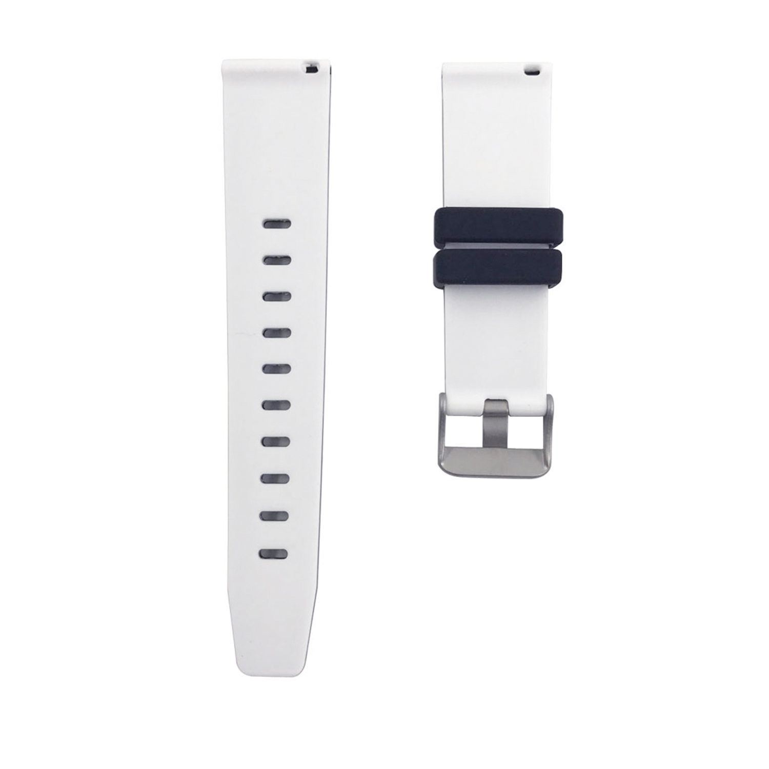 Dos correas de reloj blancas, una con hebilla, la otra con agujeros para ajuste.