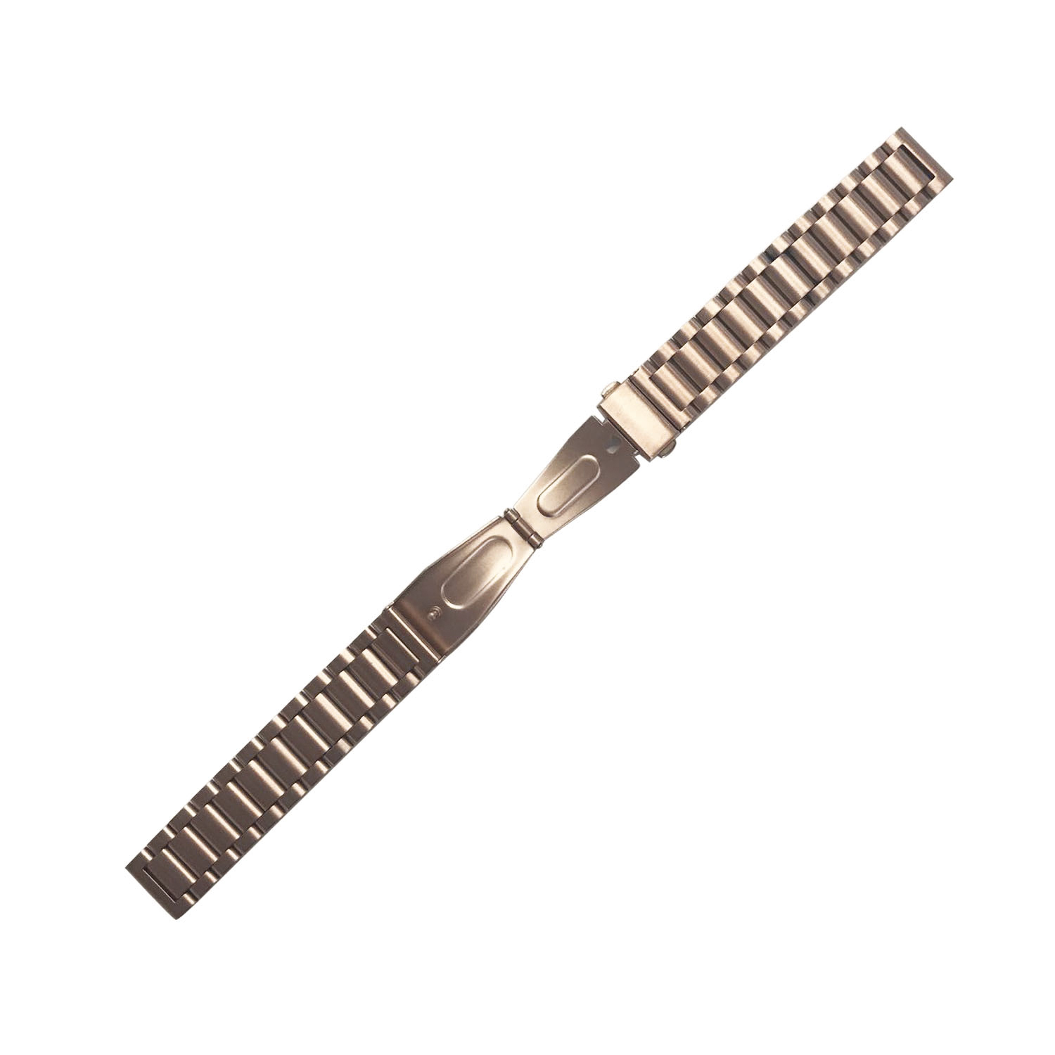 Correa de reloj oro rosa, separada, sobre fondo blanco. Tiene eslabones y un cierre desplegable.