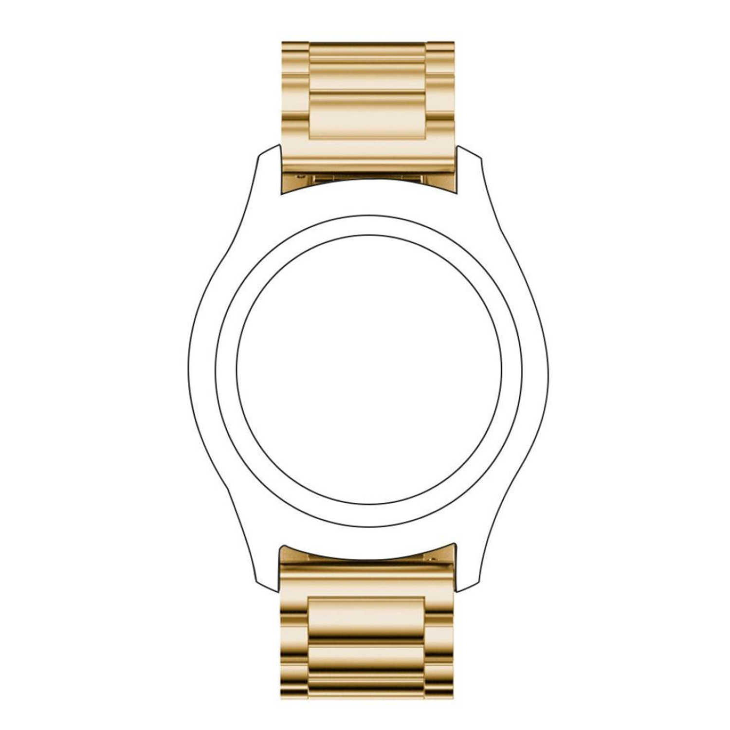 Contorno de caja de reloj dorado con fijaciones de correa doradas. El área de la esfera del reloj está vacía.
