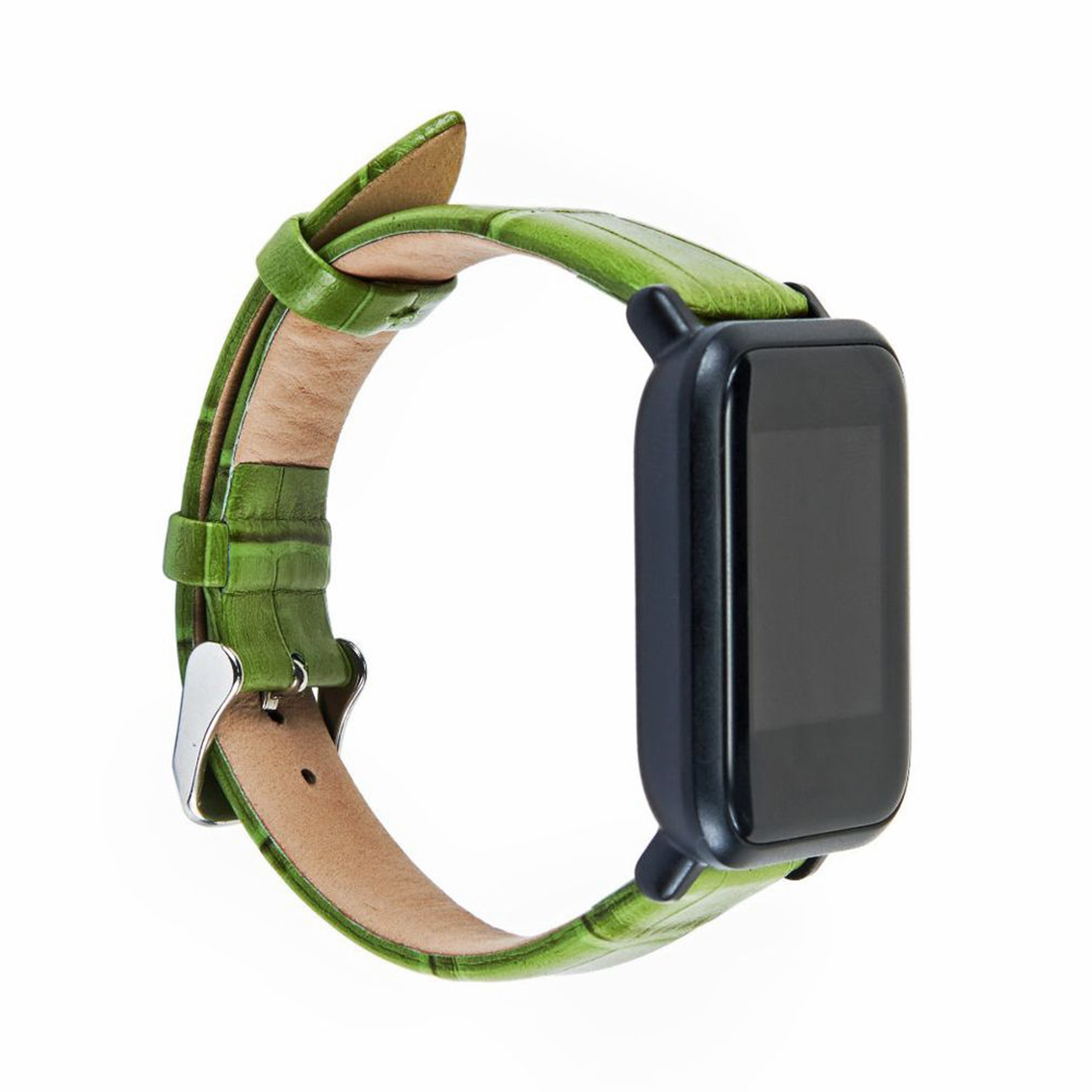 Smartwatch de cuero verde con pantalla negra. Tiene una hebilla plateada y una parte inferior marrón claro.